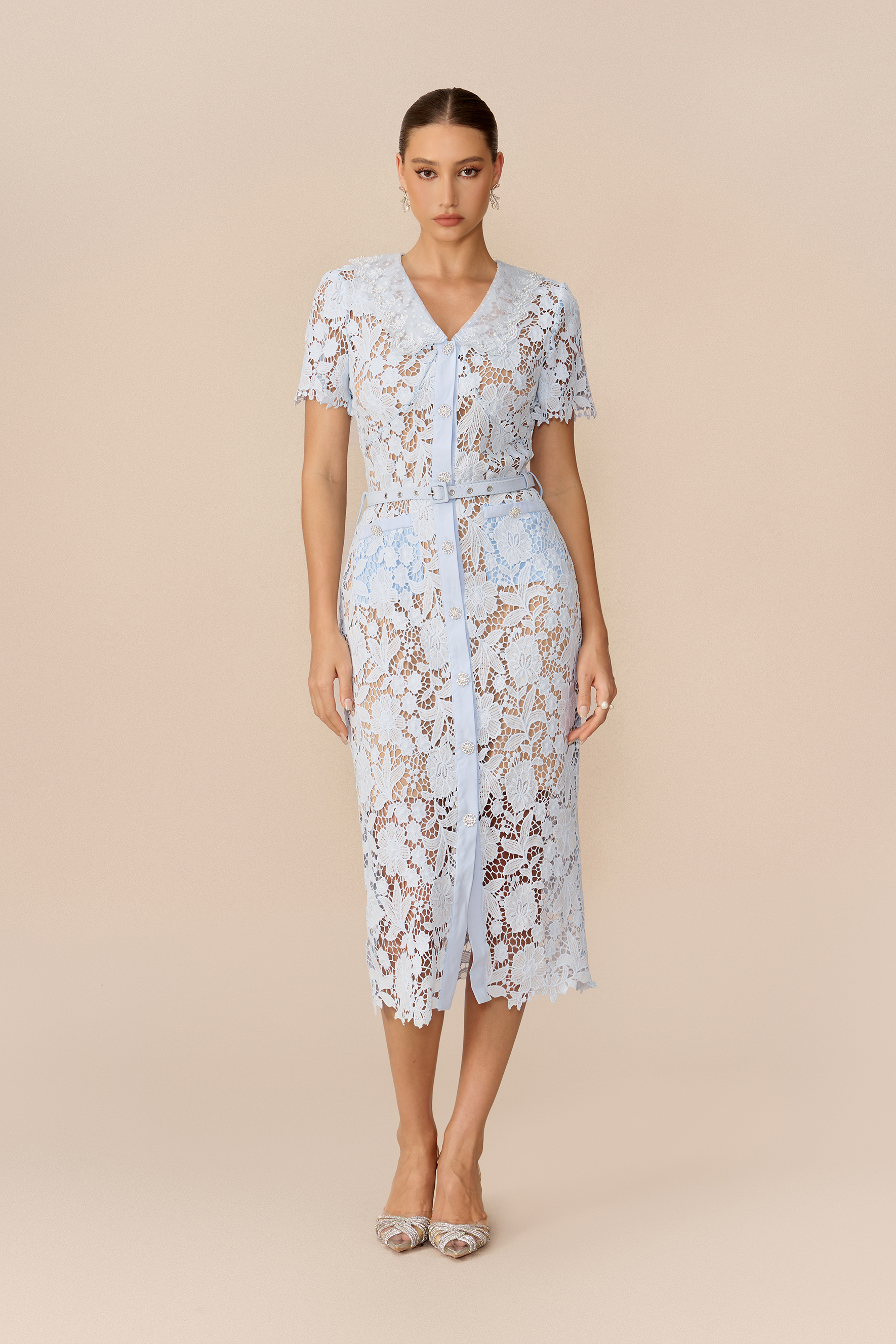 Soft Beauty Blue Floral Lace Short Sleeve Midi Dress
