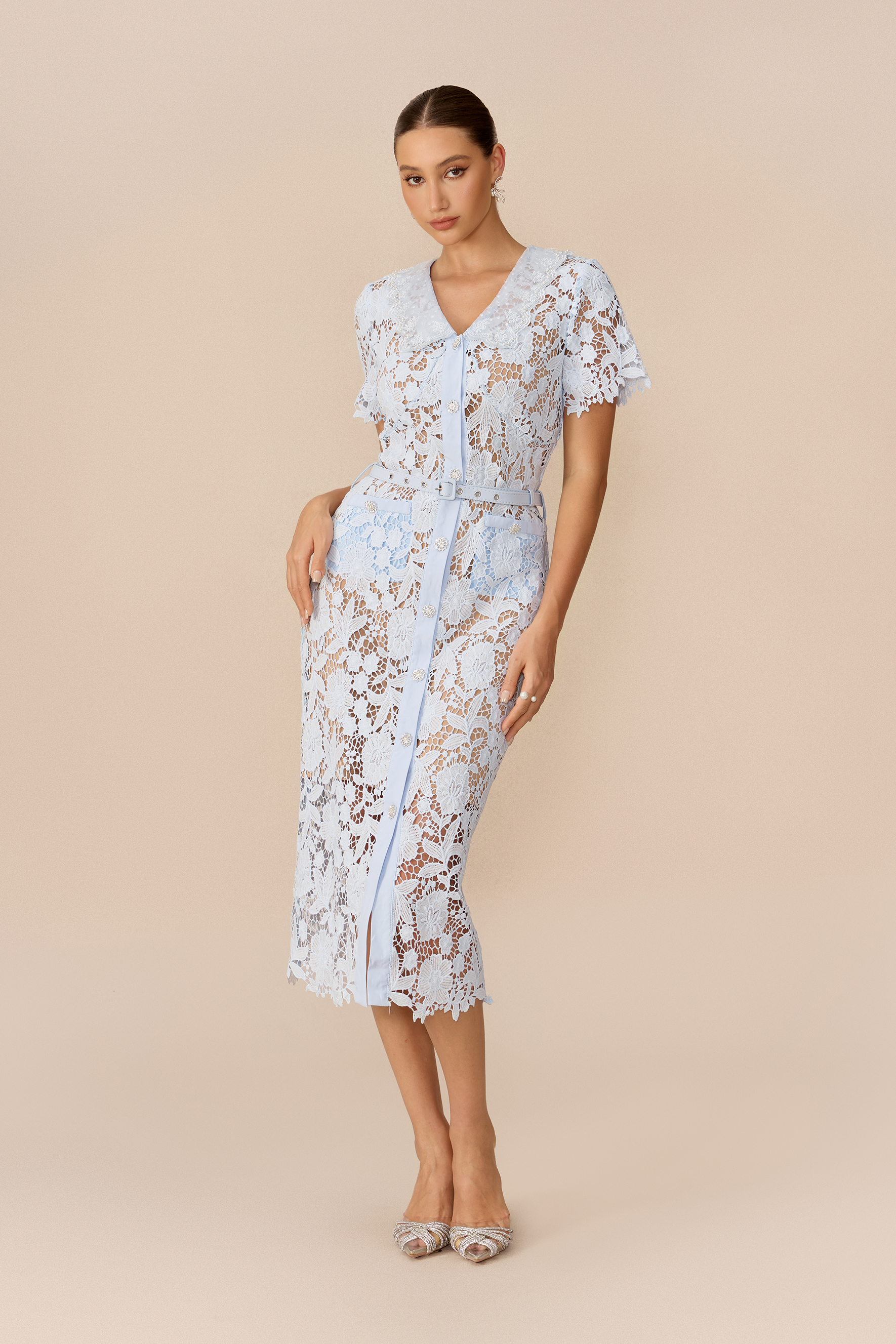 Soft Beauty Blue Floral Lace Short Sleeve Midi Dress