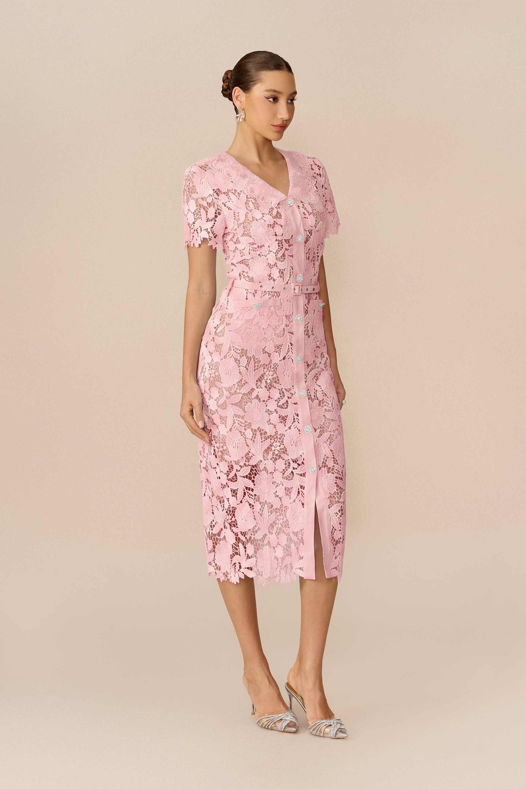 Soft Beauty Pink Floral Lace Short Sleeve Midi Dress