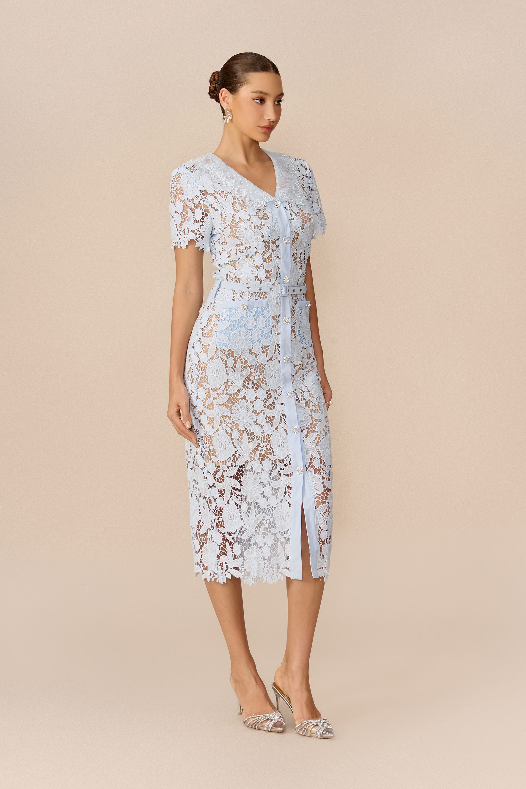 Soft Beauty Blue Floral Lace Short Sleeve Midi Dress