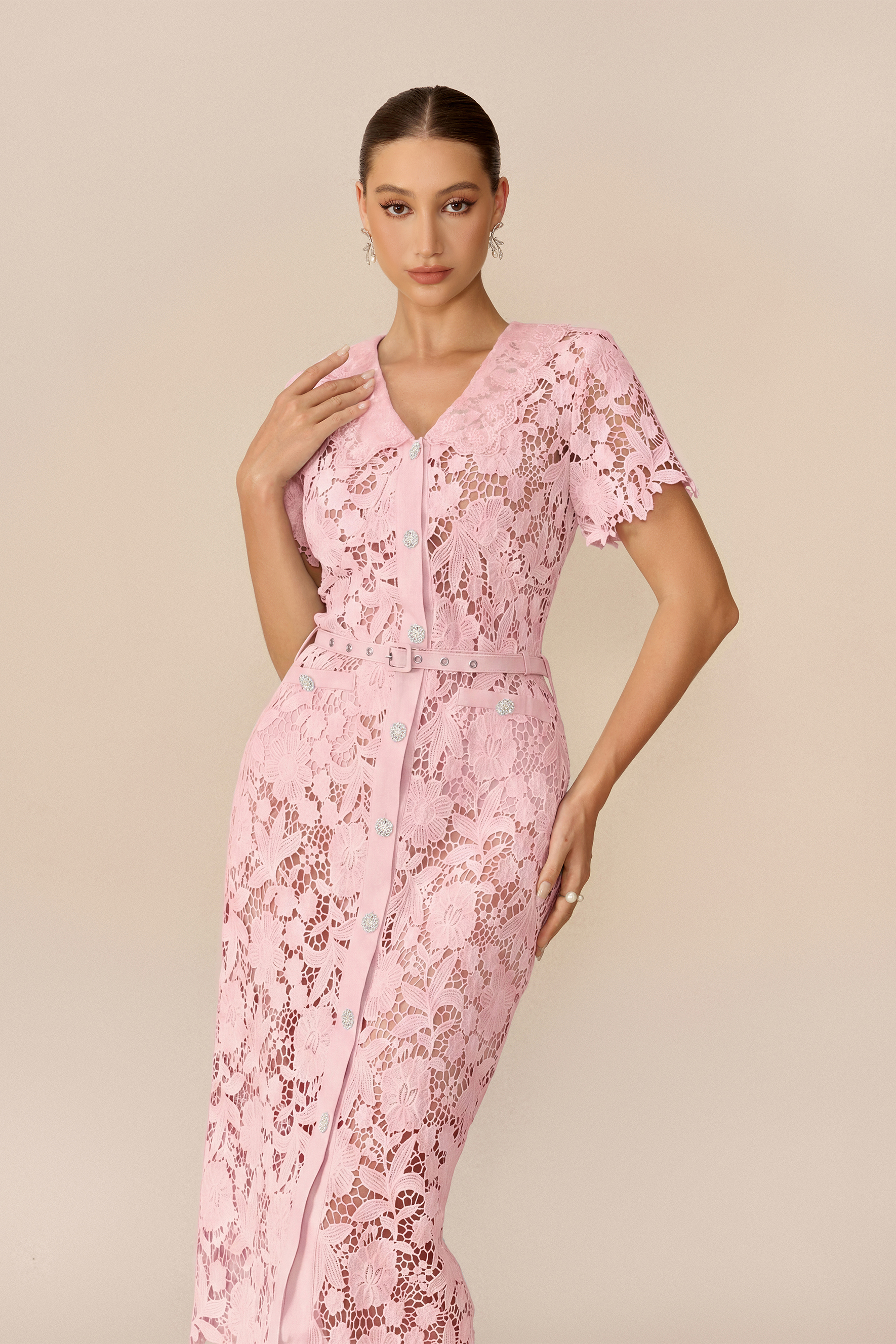 Soft Beauty Pink Floral Lace Short Sleeve Midi Dress