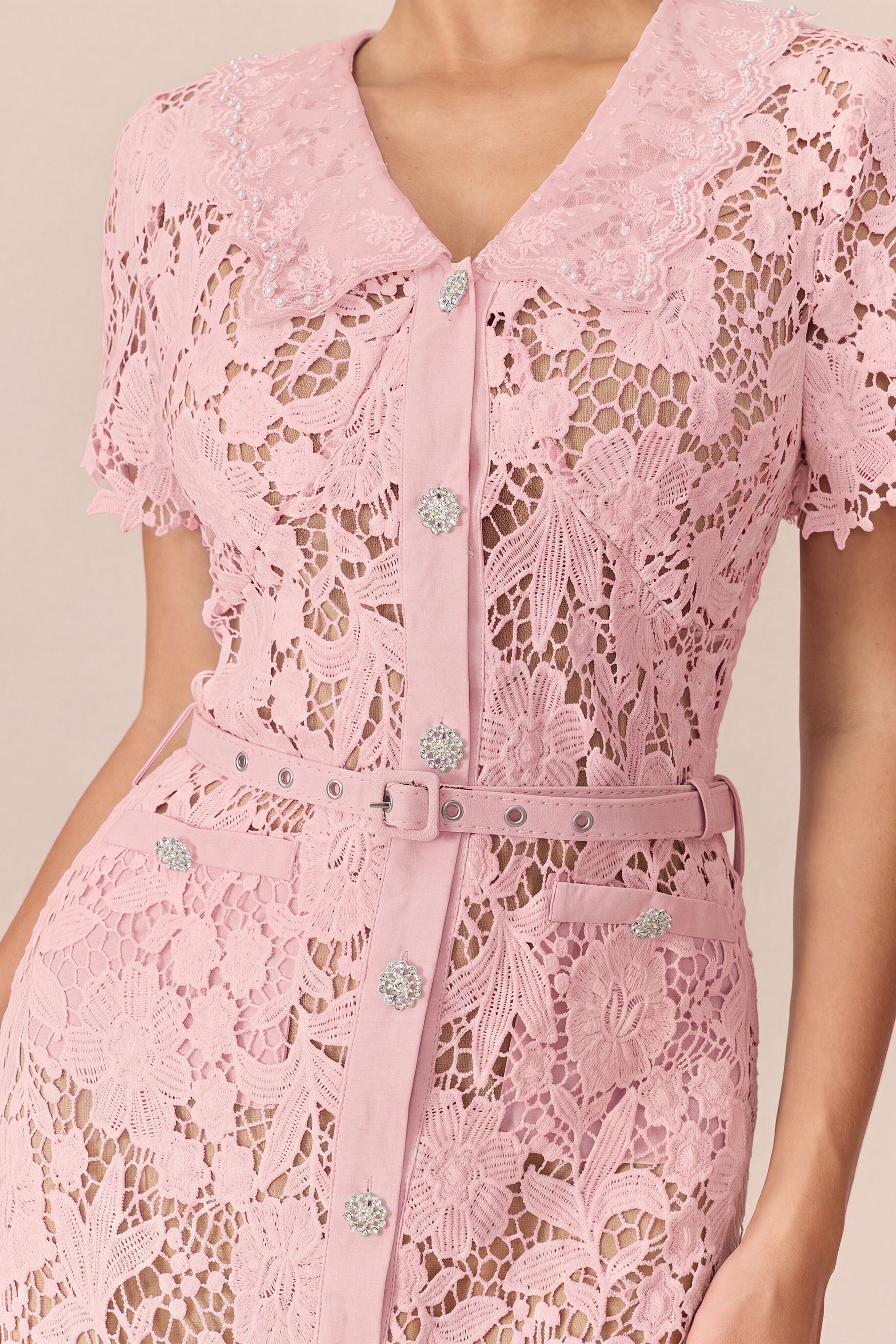 Soft Beauty Pink Floral Lace Short Sleeve Midi Dress