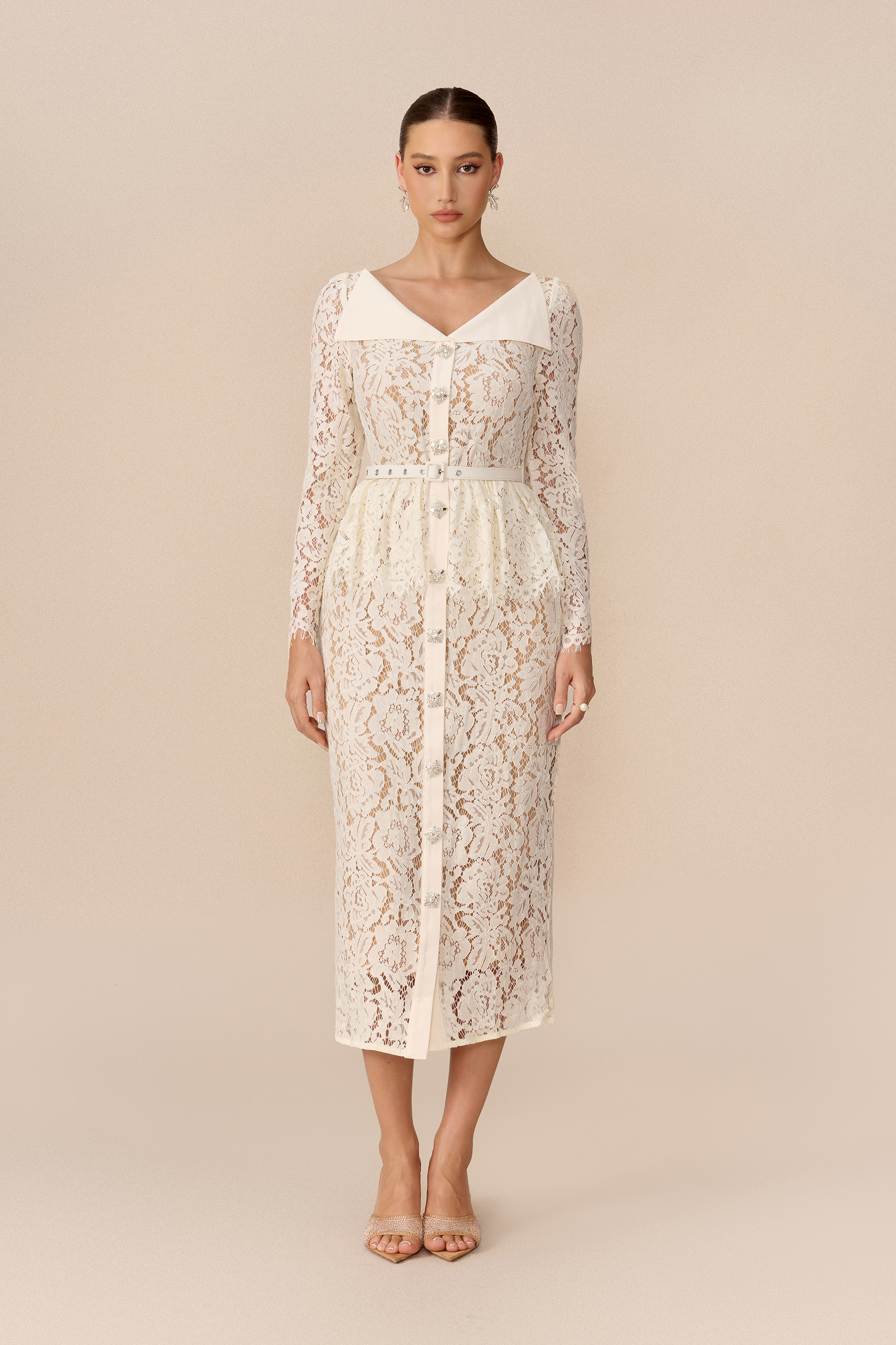 Modern Elegance Beige Lapel Collar Floral Lace Midi Dress