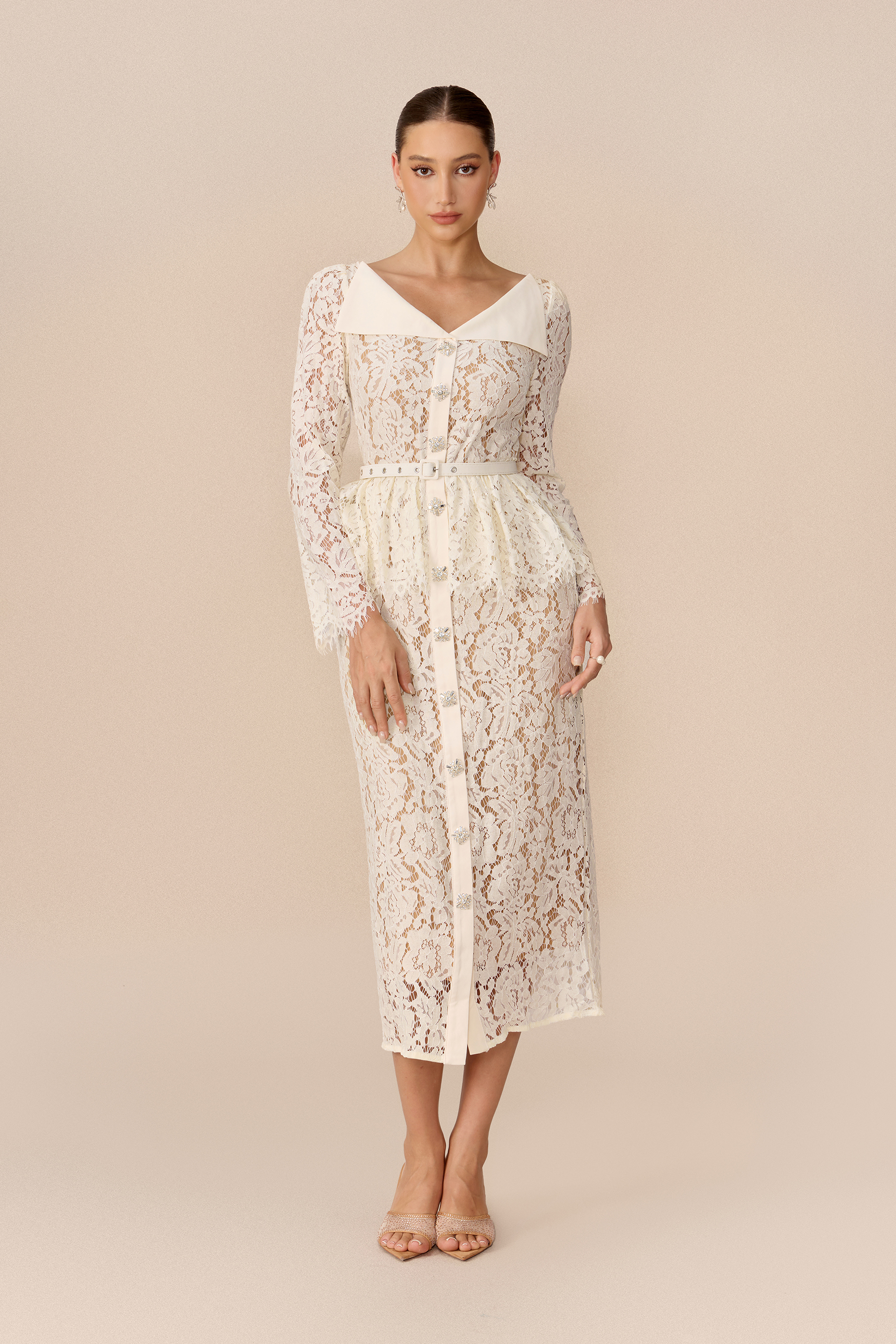 Modern Elegance Beige Lapel Collar Floral Lace Midi Dress