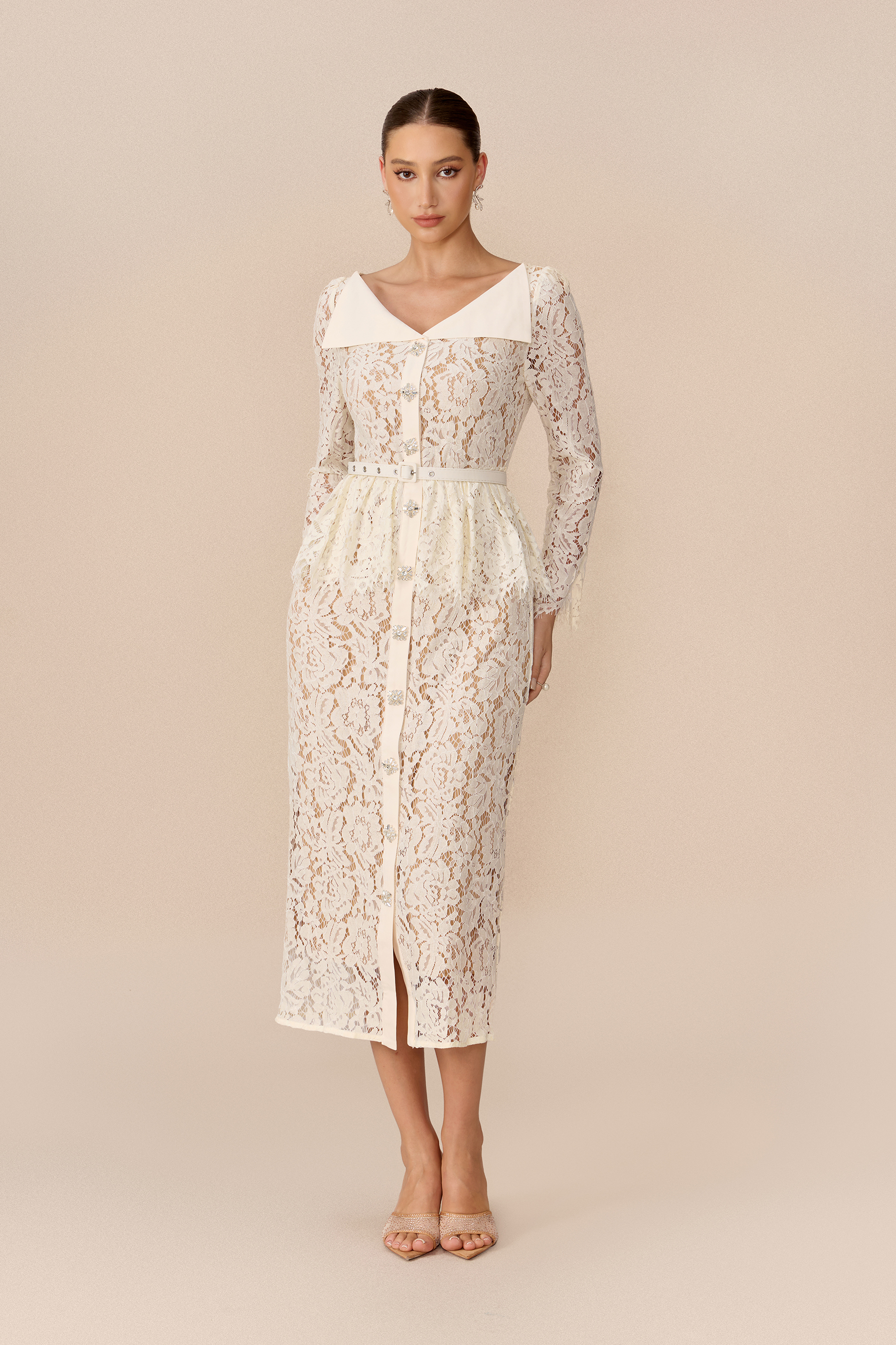Modern Elegance Beige Lapel Collar Floral Lace Midi Dress