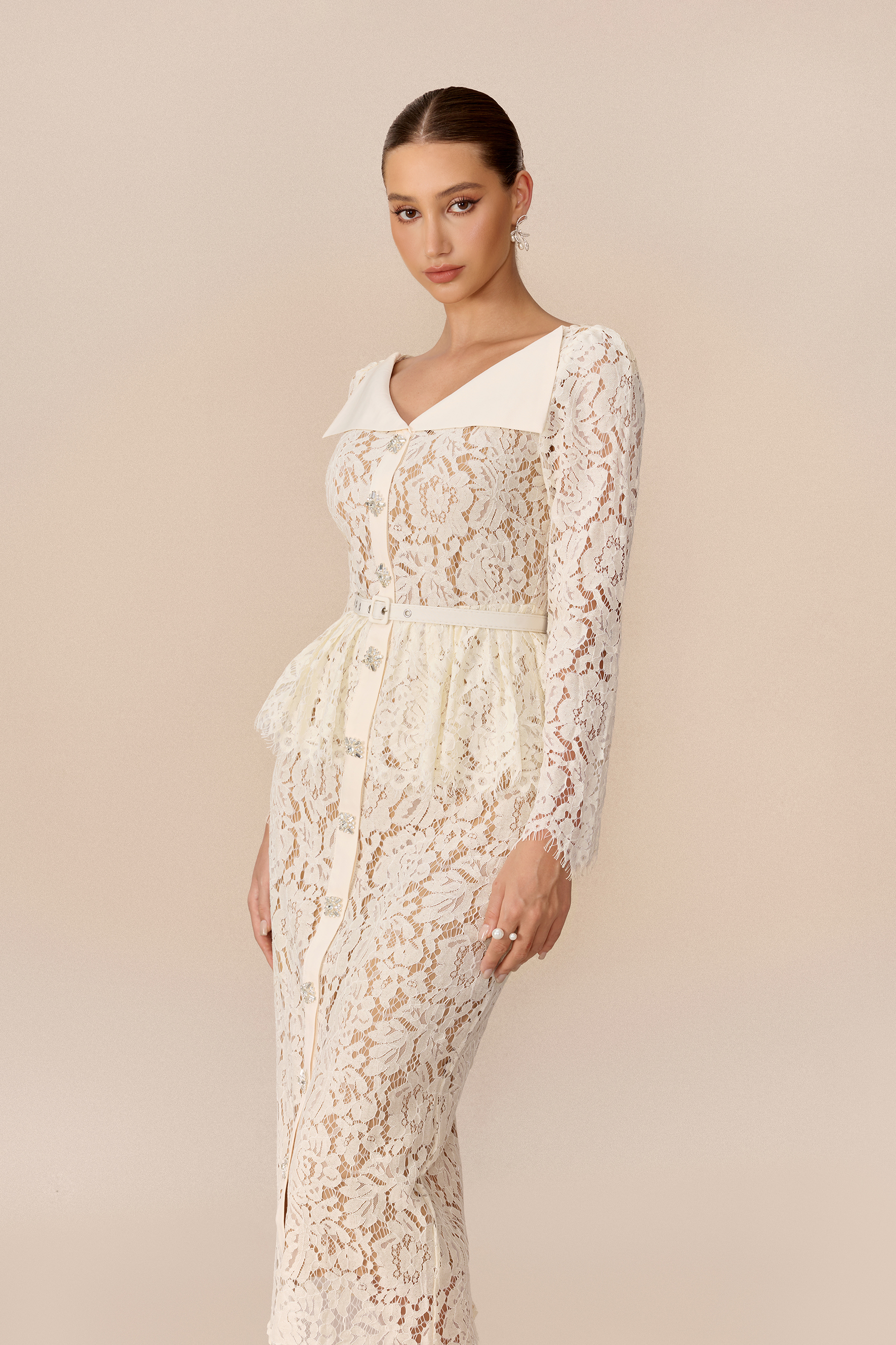 Modern Elegance Beige Lapel Collar Floral Lace Midi Dress
