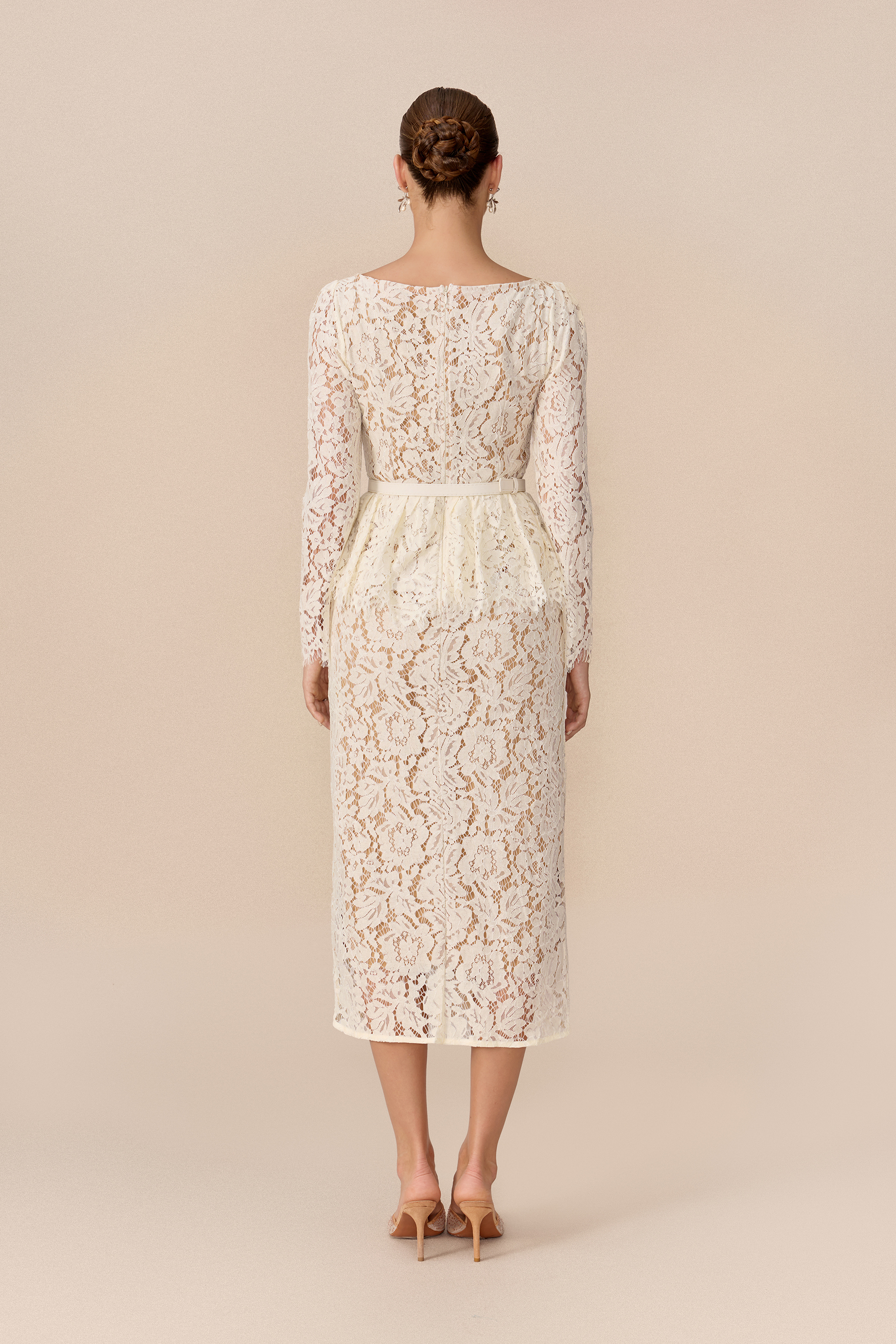 Modern Elegance Beige Lapel Collar Floral Lace Midi Dress