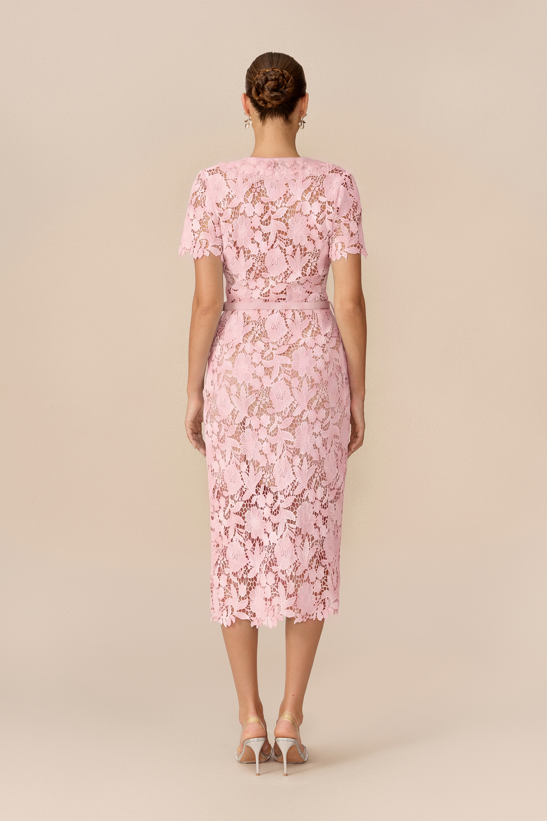 Soft Beauty Pink Floral Lace Short Sleeve Midi Dress