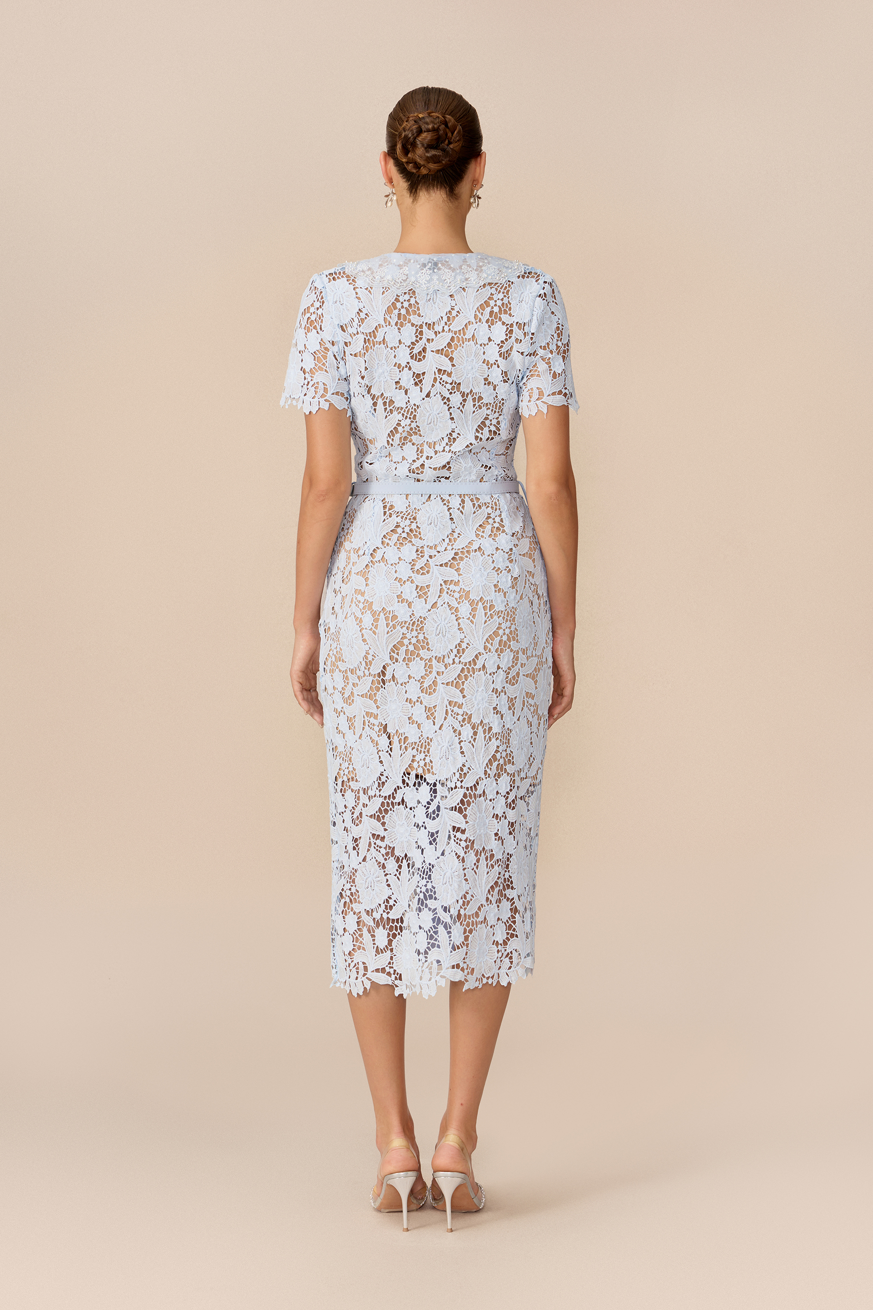 Soft Beauty Blue Floral Lace Short Sleeve Midi Dress