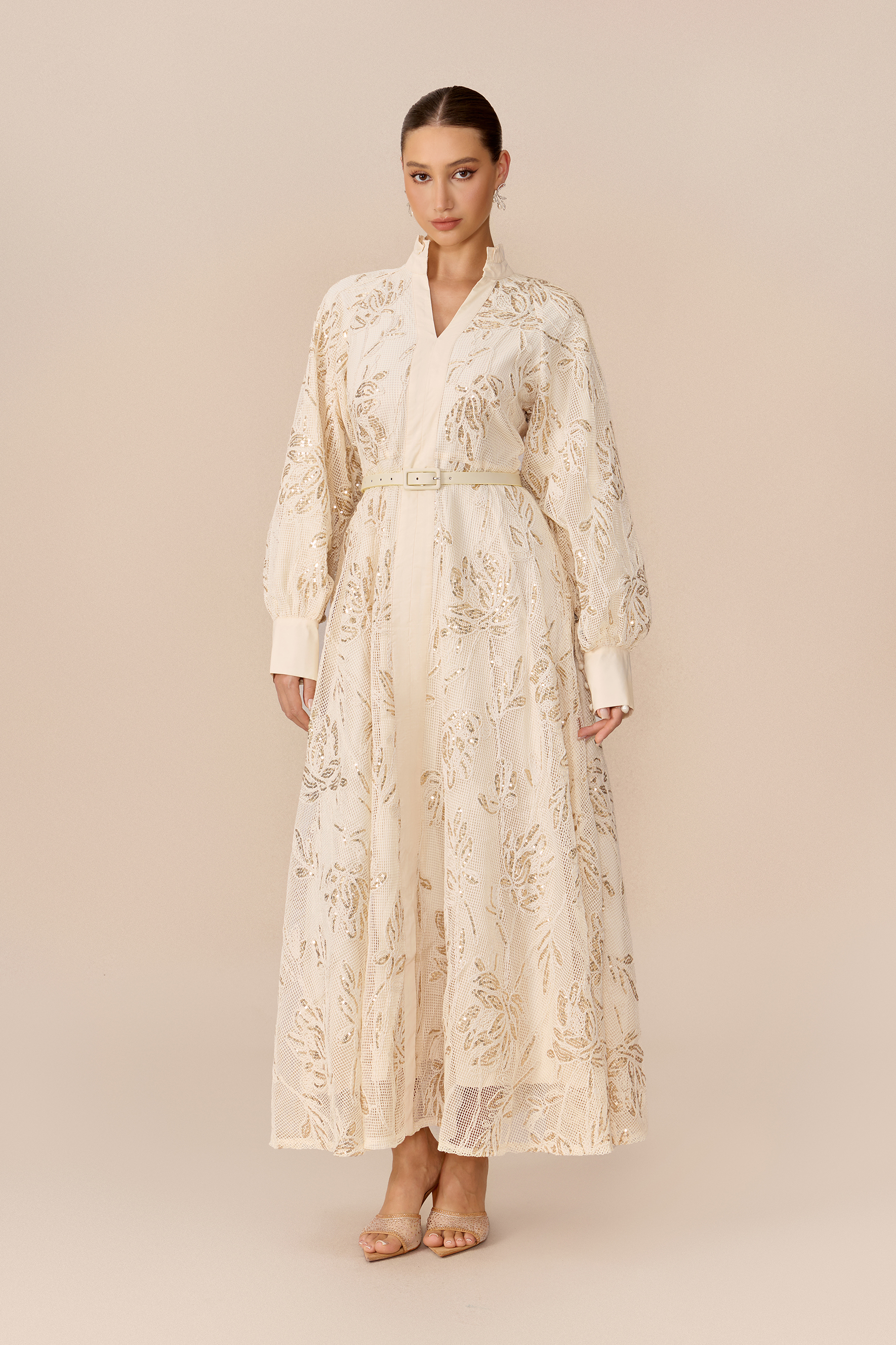 Subtle Glamour Beige Stand Collar Sequin Floral Maxi Dress