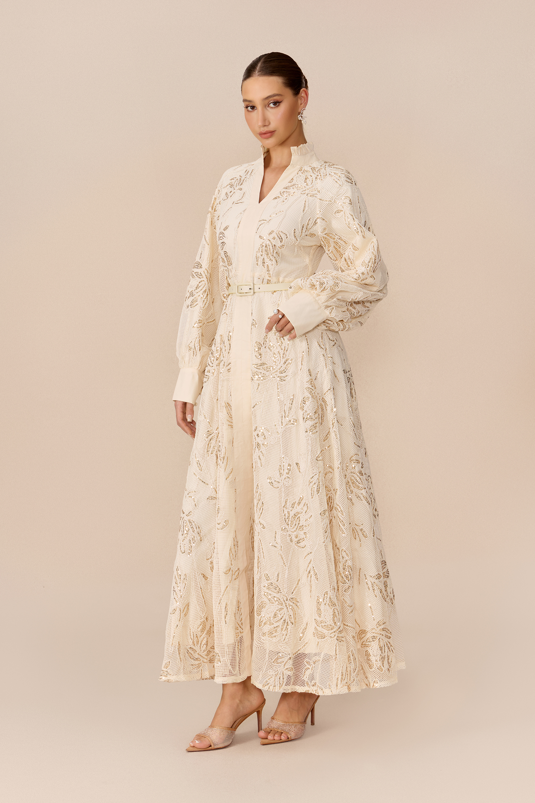 Subtle Glamour Beige Stand Collar Sequin Floral Maxi Dress