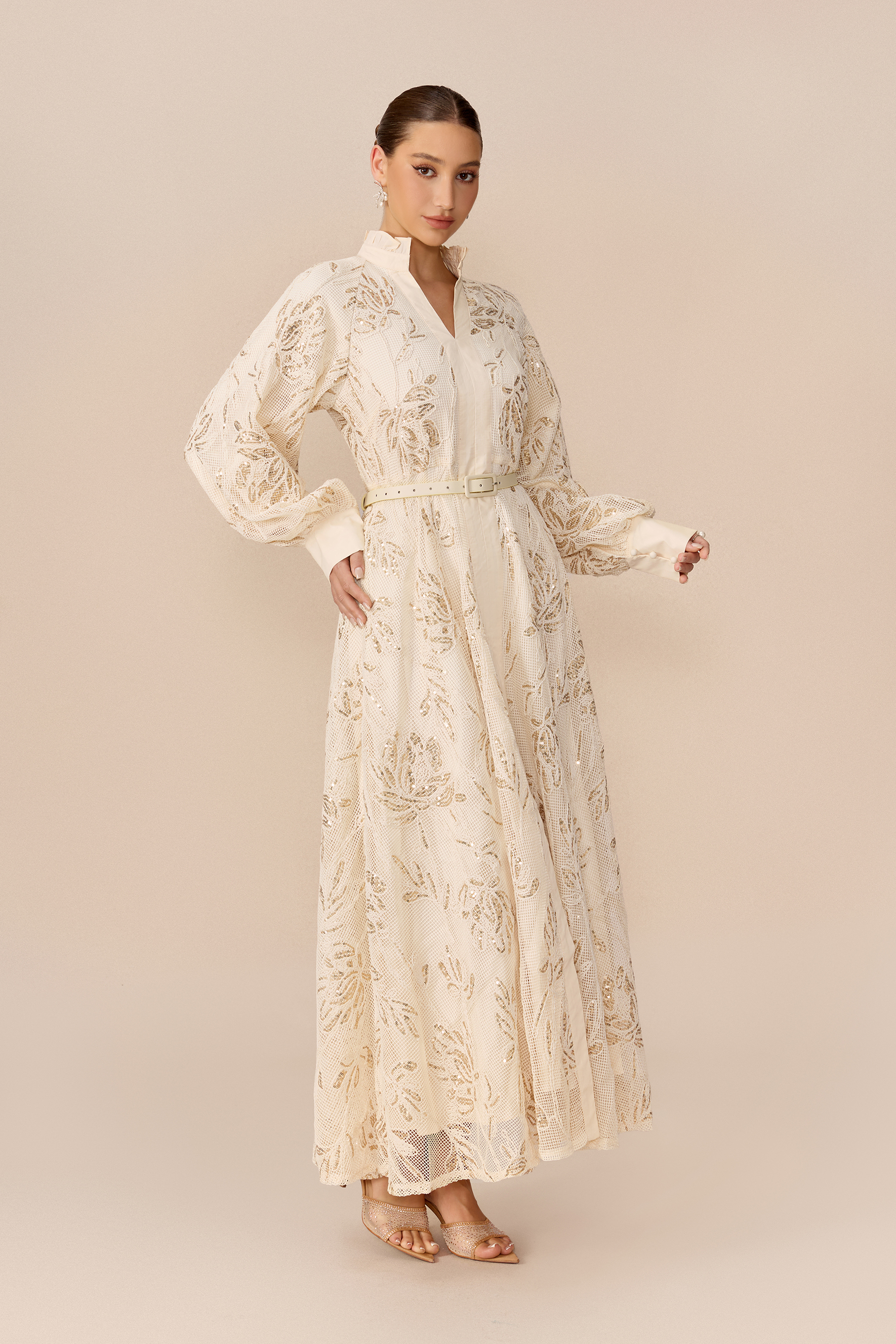 Subtle Glamour Beige Stand Collar Sequin Floral Maxi Dress