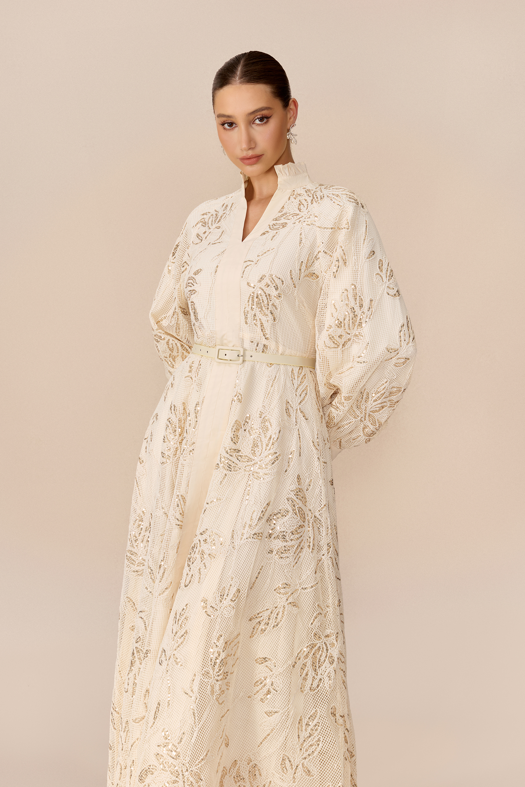 Subtle Glamour Beige Stand Collar Sequin Floral Maxi Dress