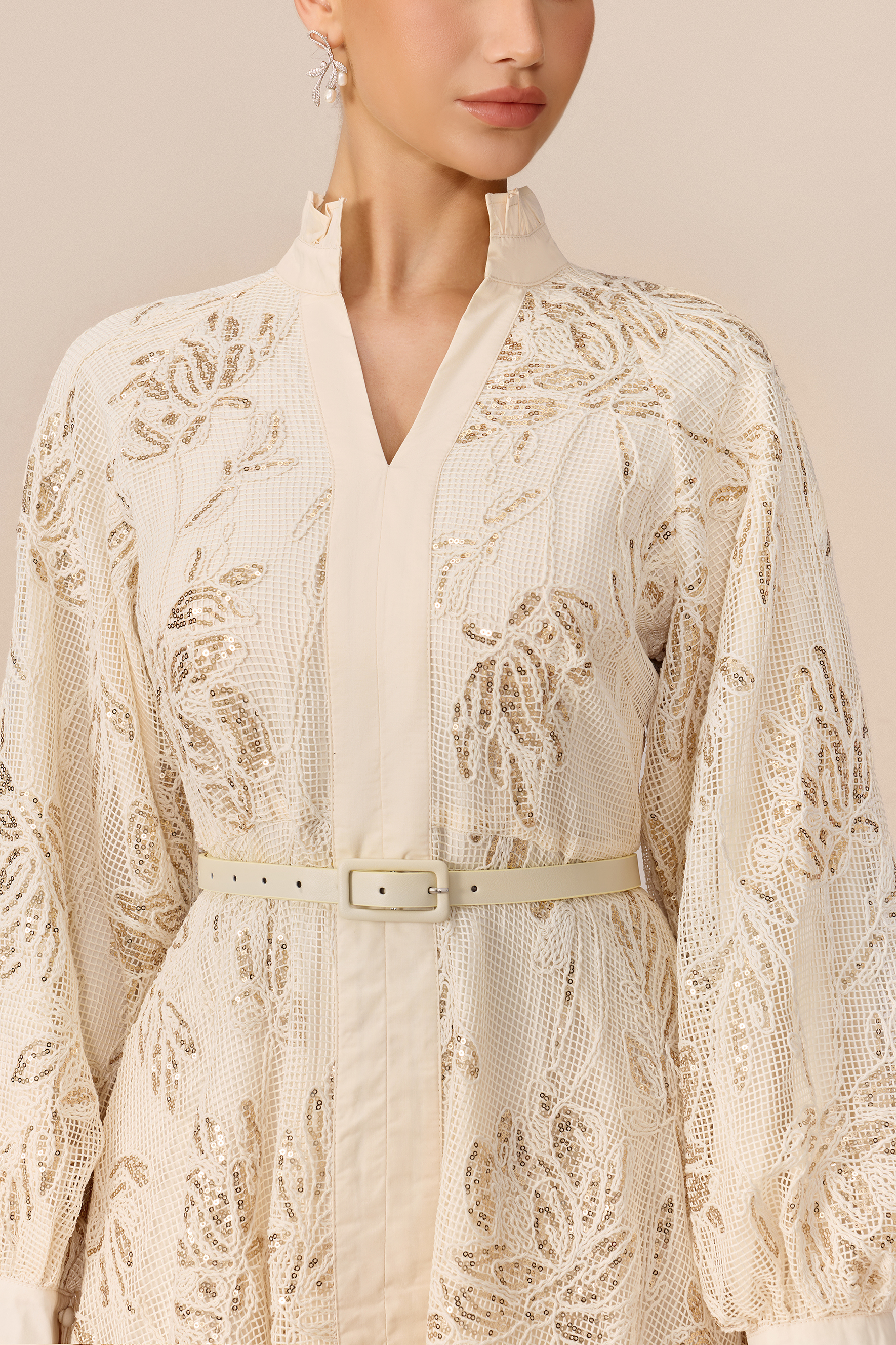 Subtle Glamour Beige Stand Collar Sequin Floral Maxi Dress