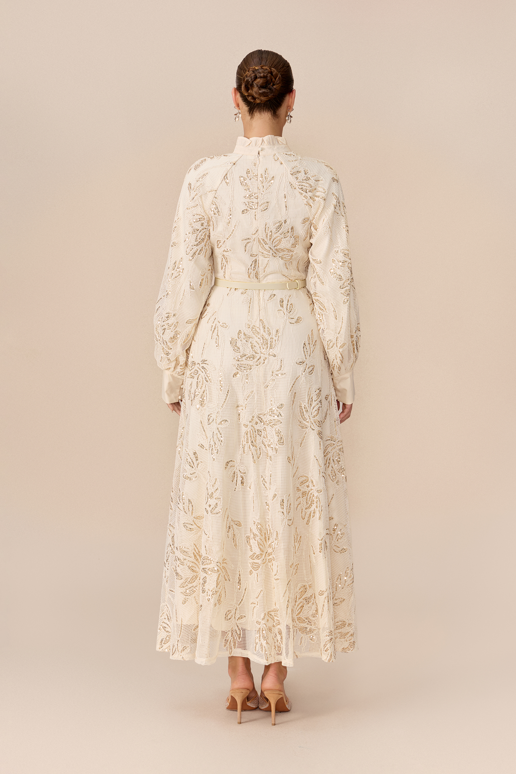 Subtle Glamour Beige Stand Collar Sequin Floral Maxi Dress