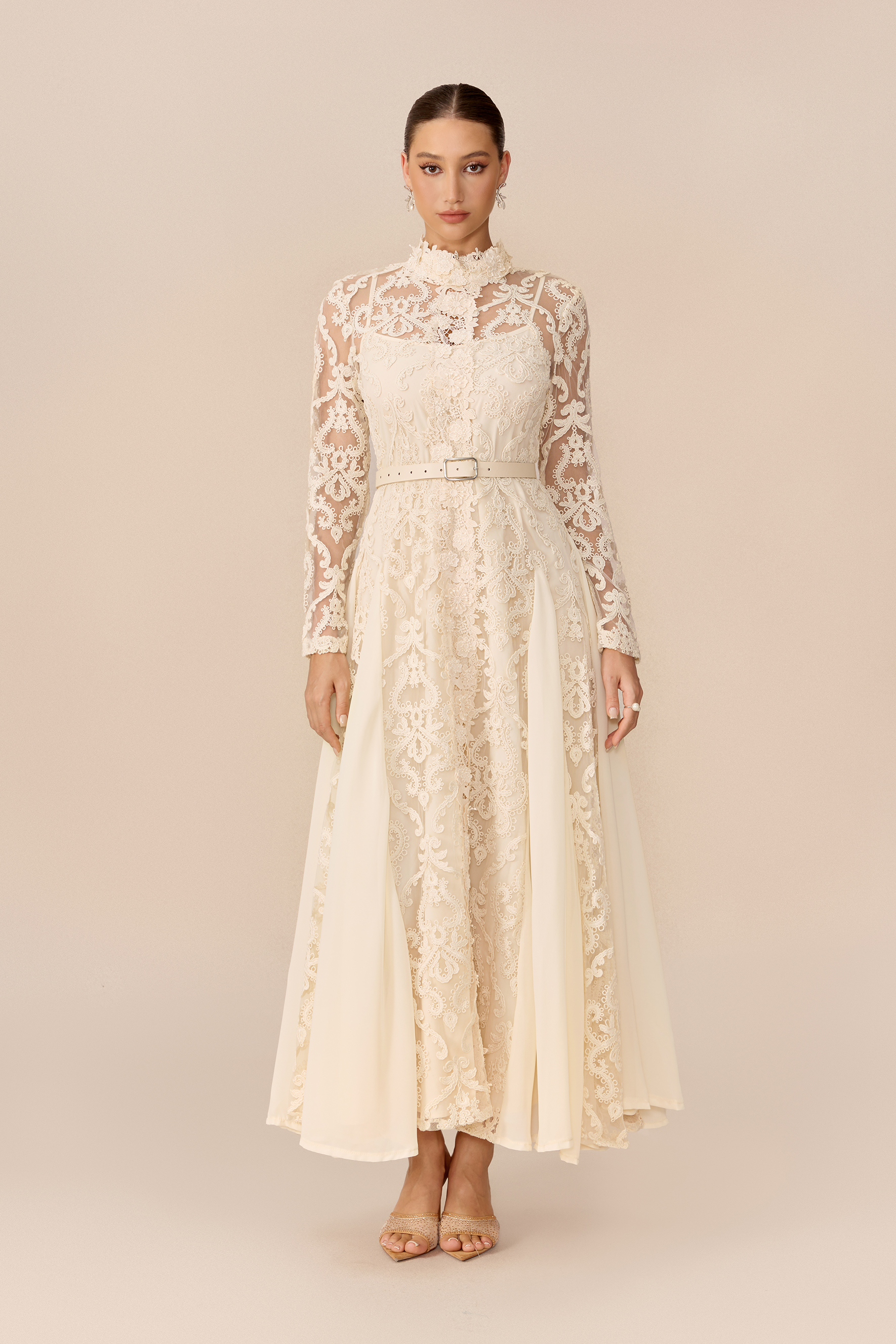 Timeless Moments Beige High Neck Lace Overlay Maxi Dress