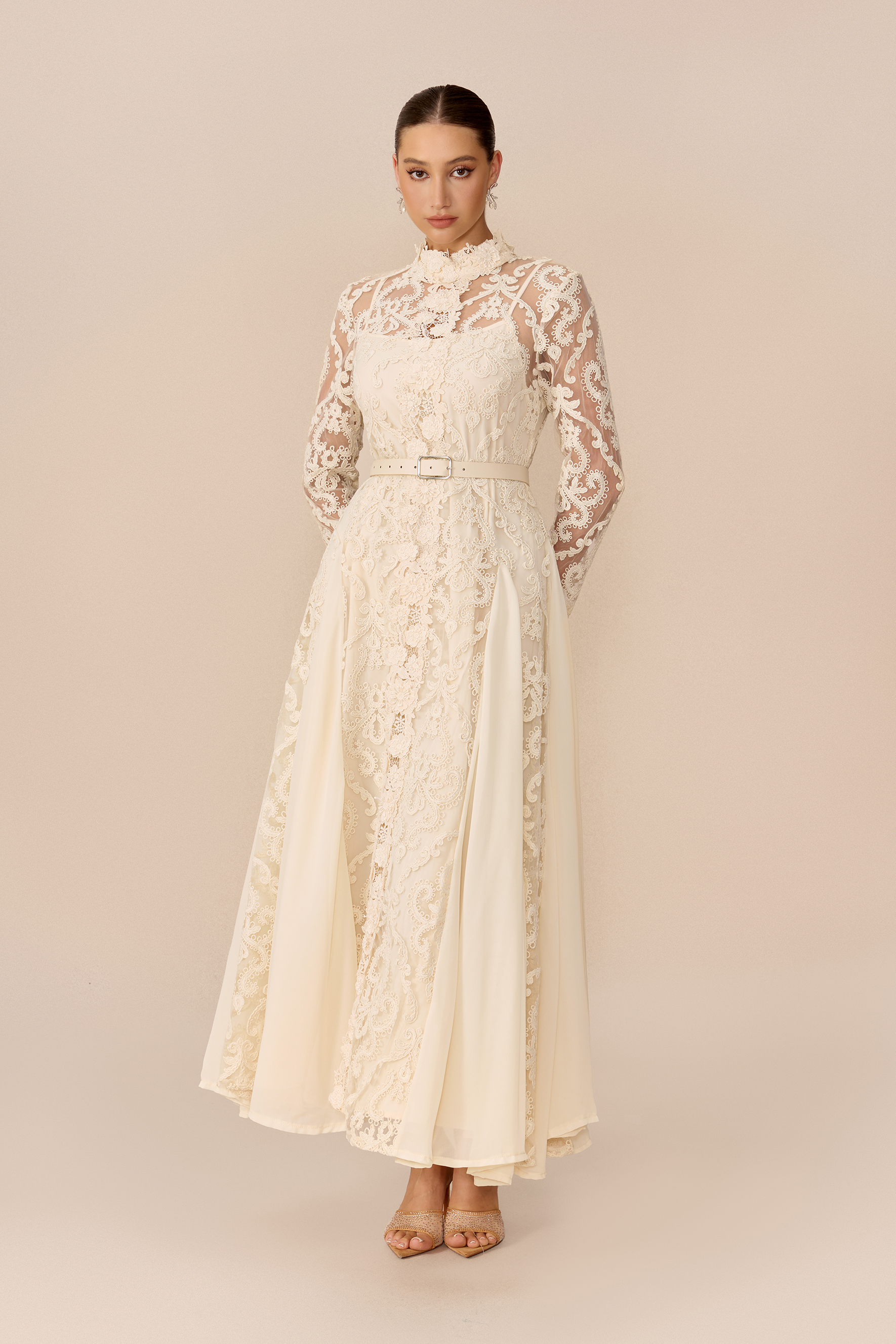 Timeless Moments Beige High Neck Lace Overlay Maxi Dress