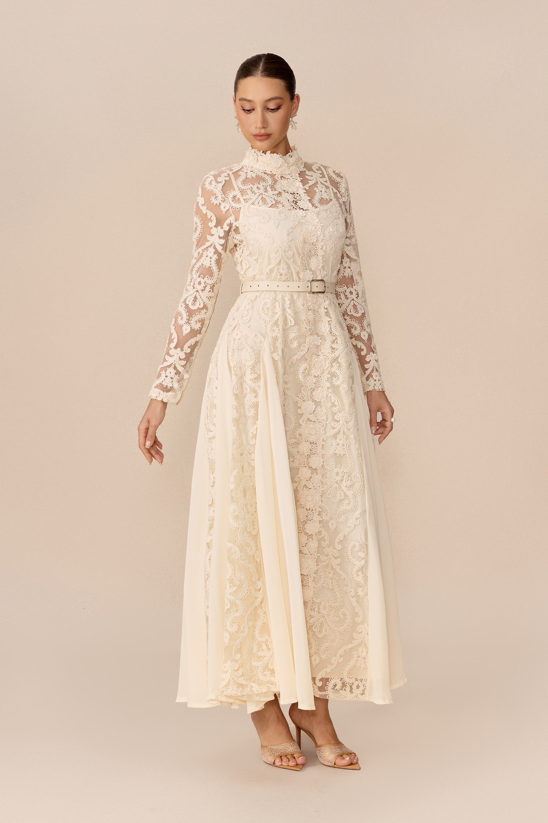 Timeless Moments Beige High Neck Lace Overlay Maxi Dress