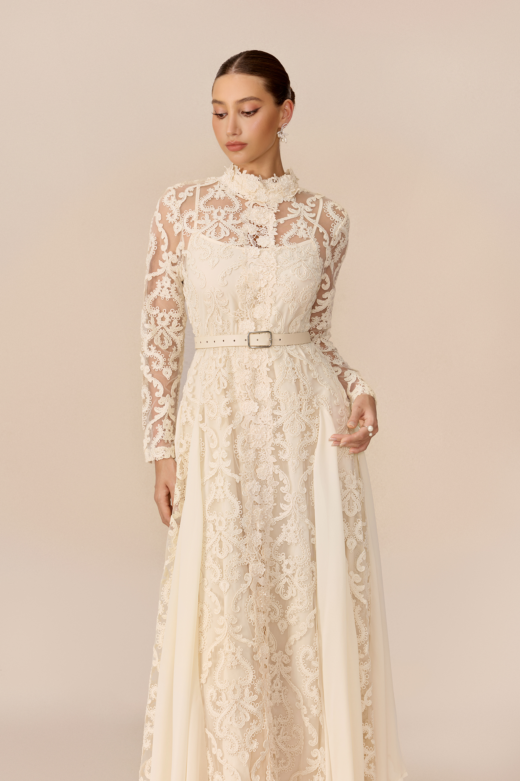 Timeless Moments Beige High Neck Lace Overlay Maxi Dress