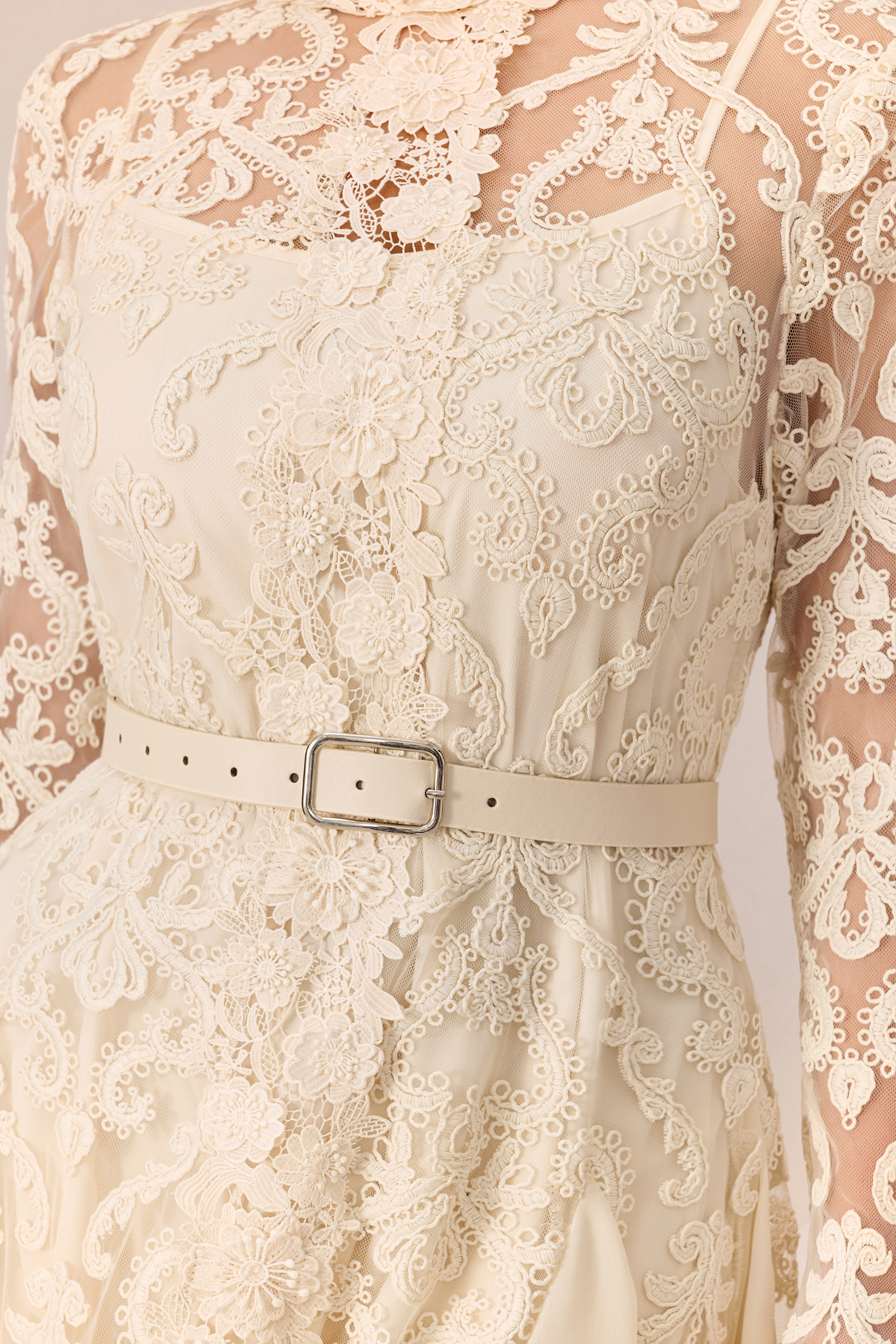 Timeless Moments Beige High Neck Lace Overlay Maxi Dress