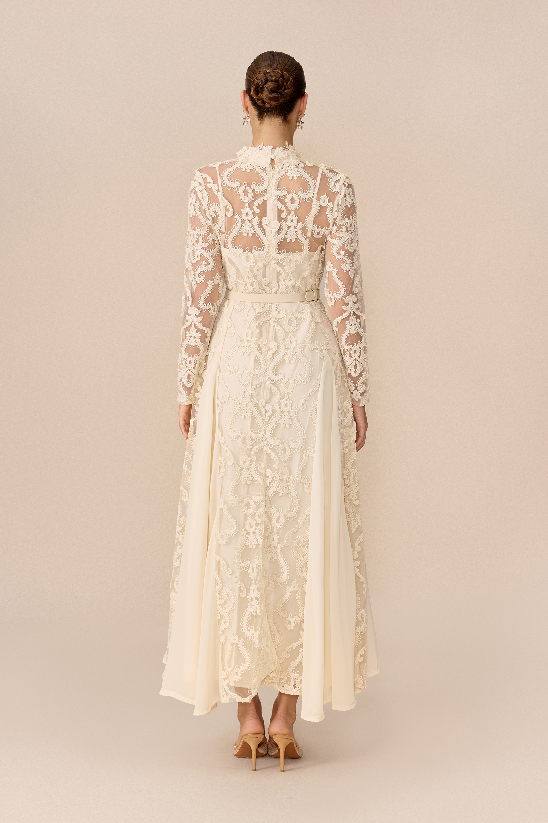 Timeless Moments Beige High Neck Lace Overlay Maxi Dress