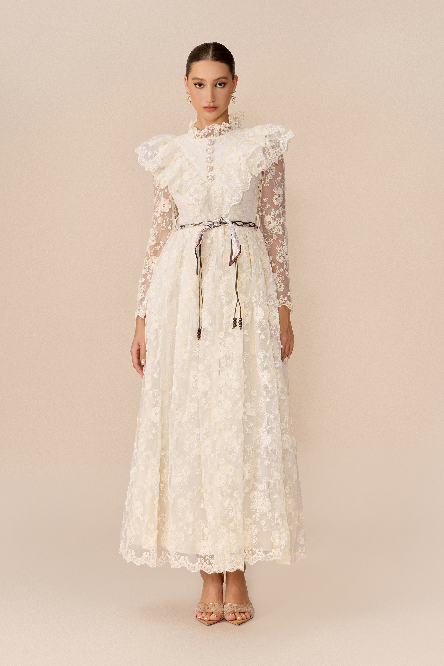 Graceful Bloom Beige Floral Lace Ruffle Shoulder Maxi Dress