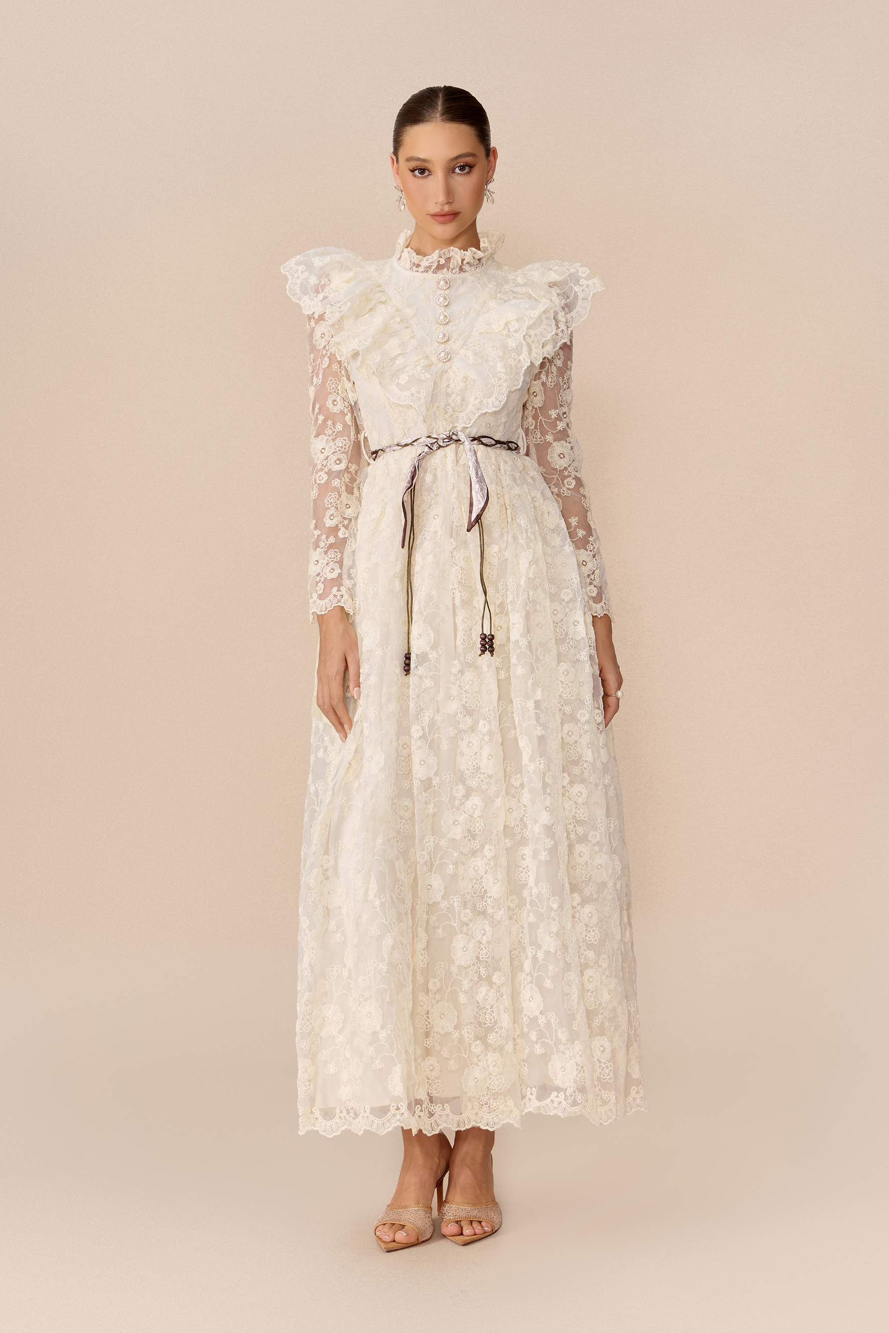 Graceful Bloom Beige Floral Lace Ruffle Shoulder Maxi Dress
