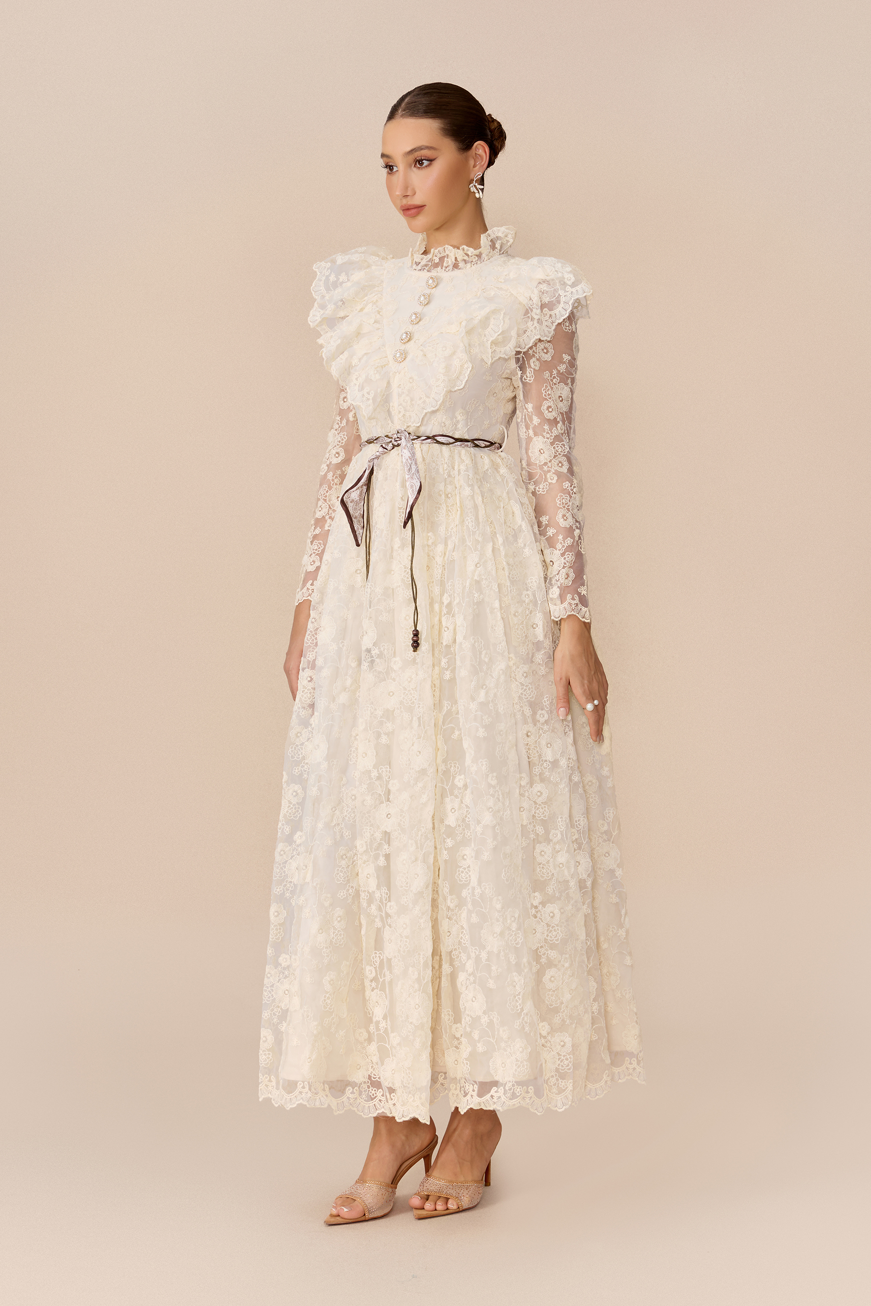 Graceful Bloom Beige Floral Lace Ruffle Shoulder Maxi Dress