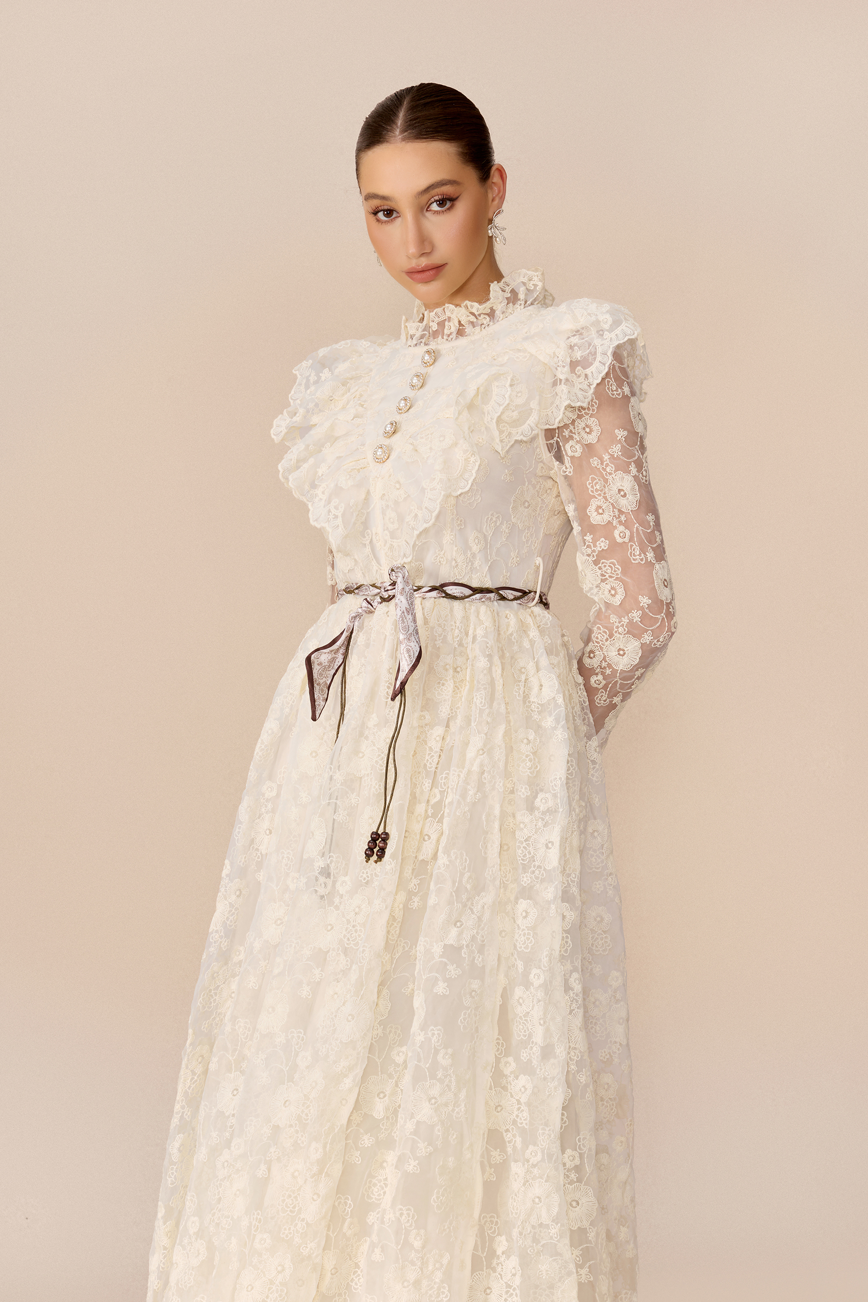 Graceful Bloom Beige Floral Lace Ruffle Shoulder Maxi Dress
