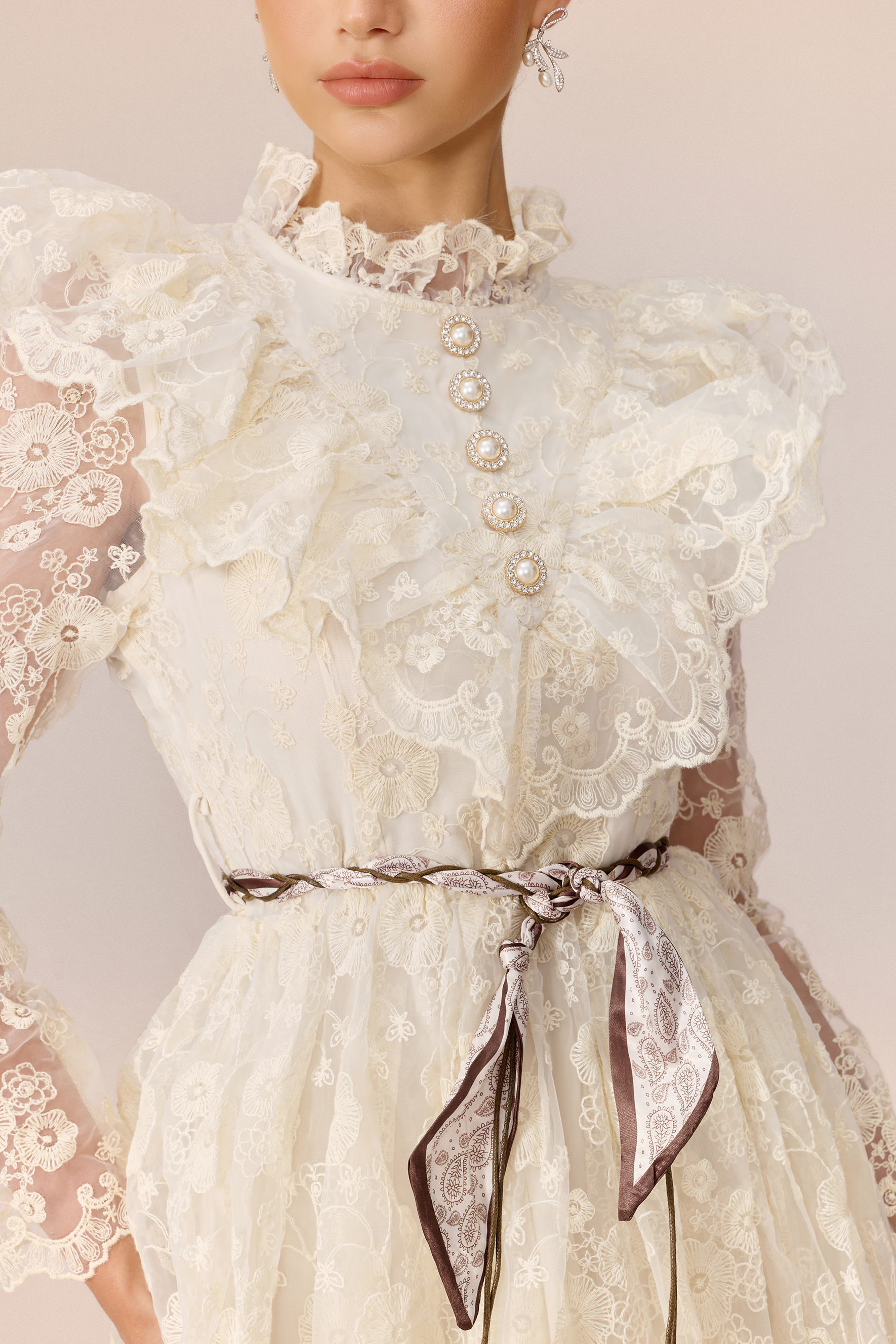 Graceful Bloom Beige Floral Lace Ruffle Shoulder Maxi Dress