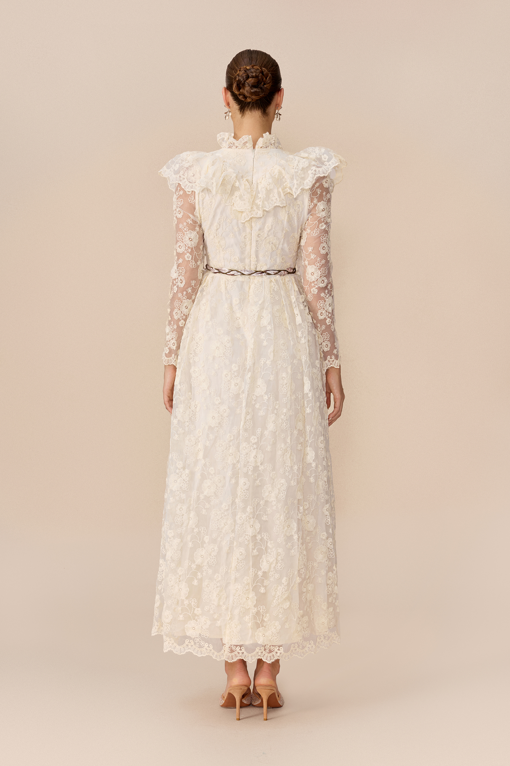 Graceful Bloom Beige Floral Lace Ruffle Shoulder Maxi Dress