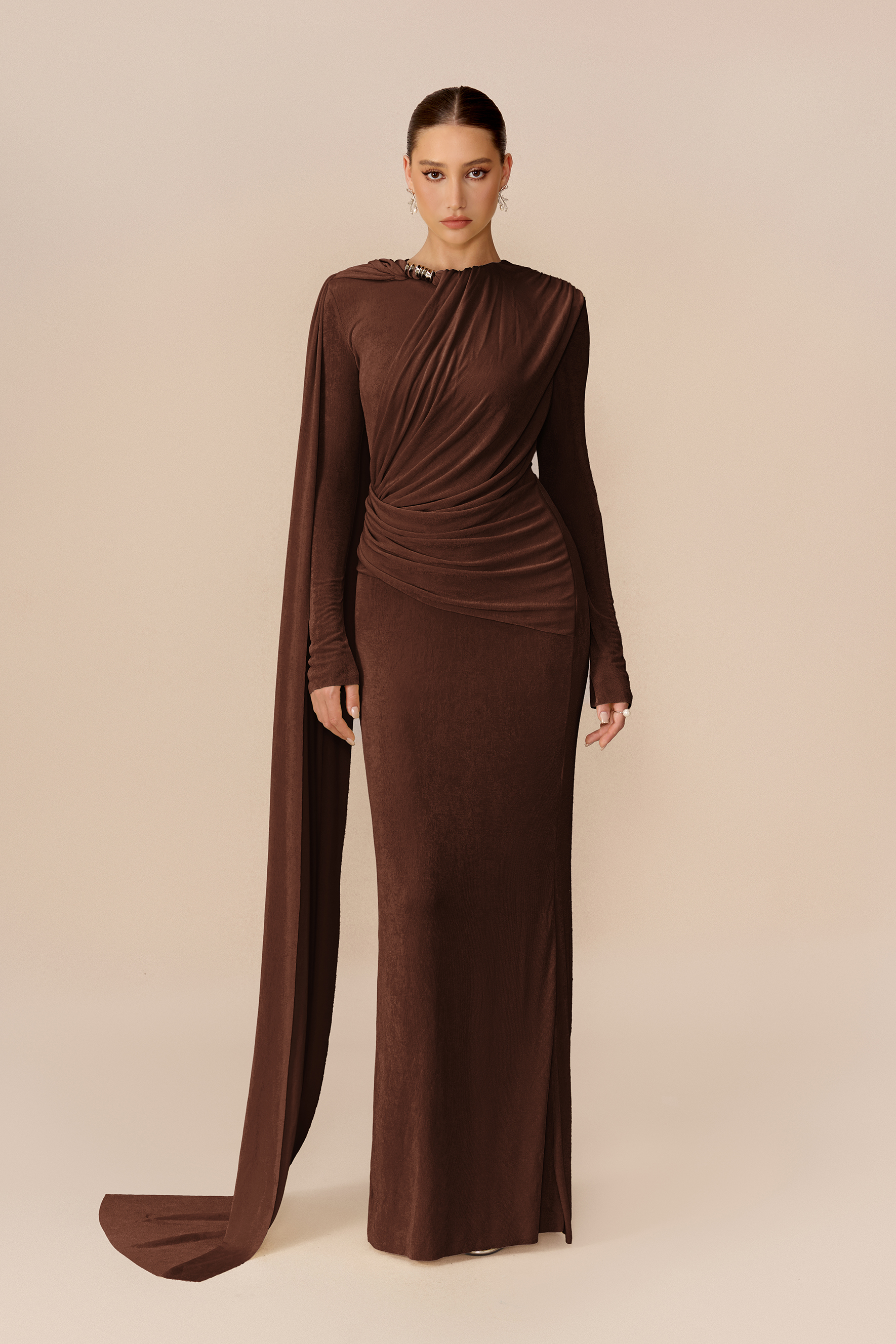 Forever Yours Dark Brown Draped Cape Asymmetric Maxi Dress