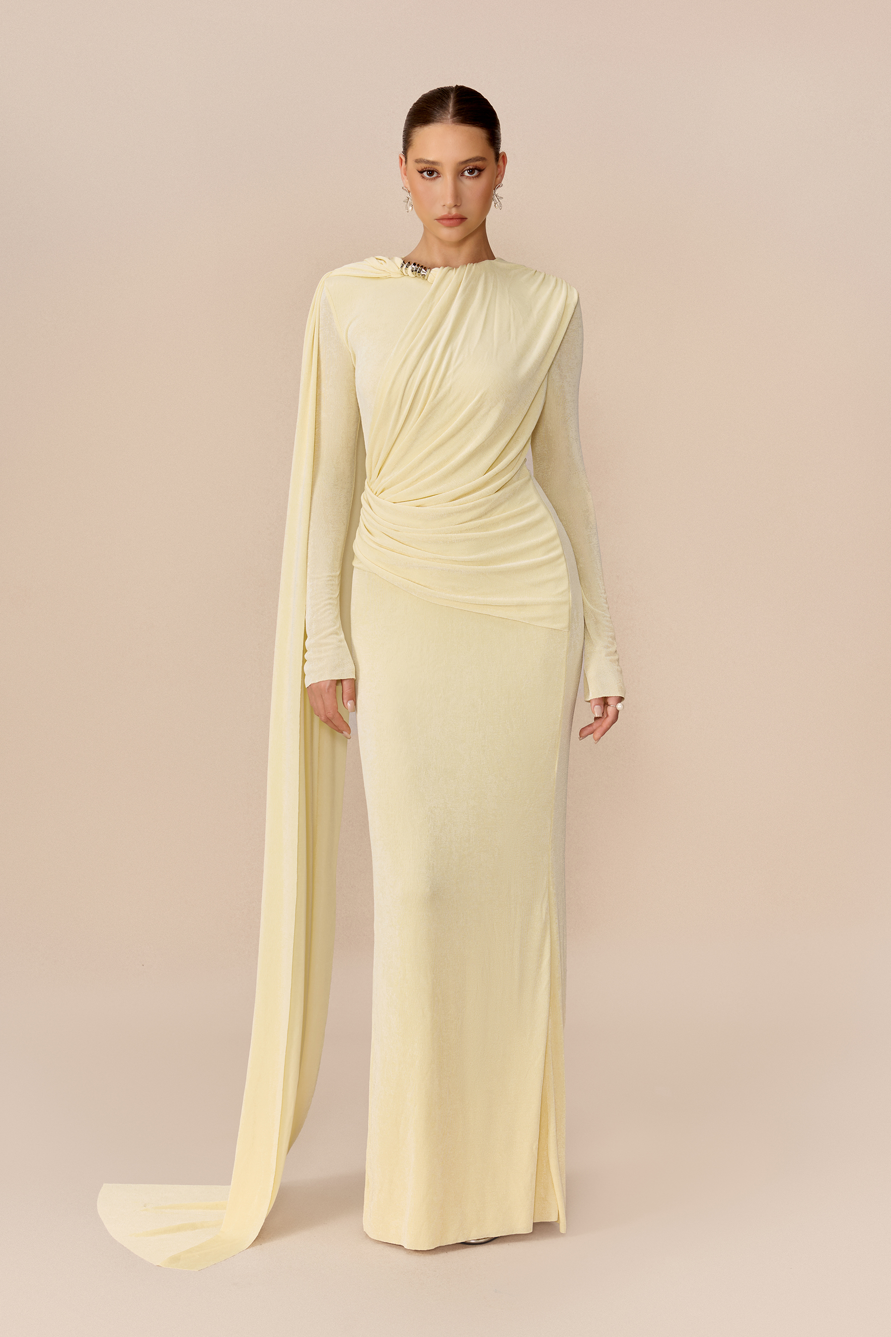 Forever Yours Light Yellow Draped Cape Asymmetric Maxi Dress