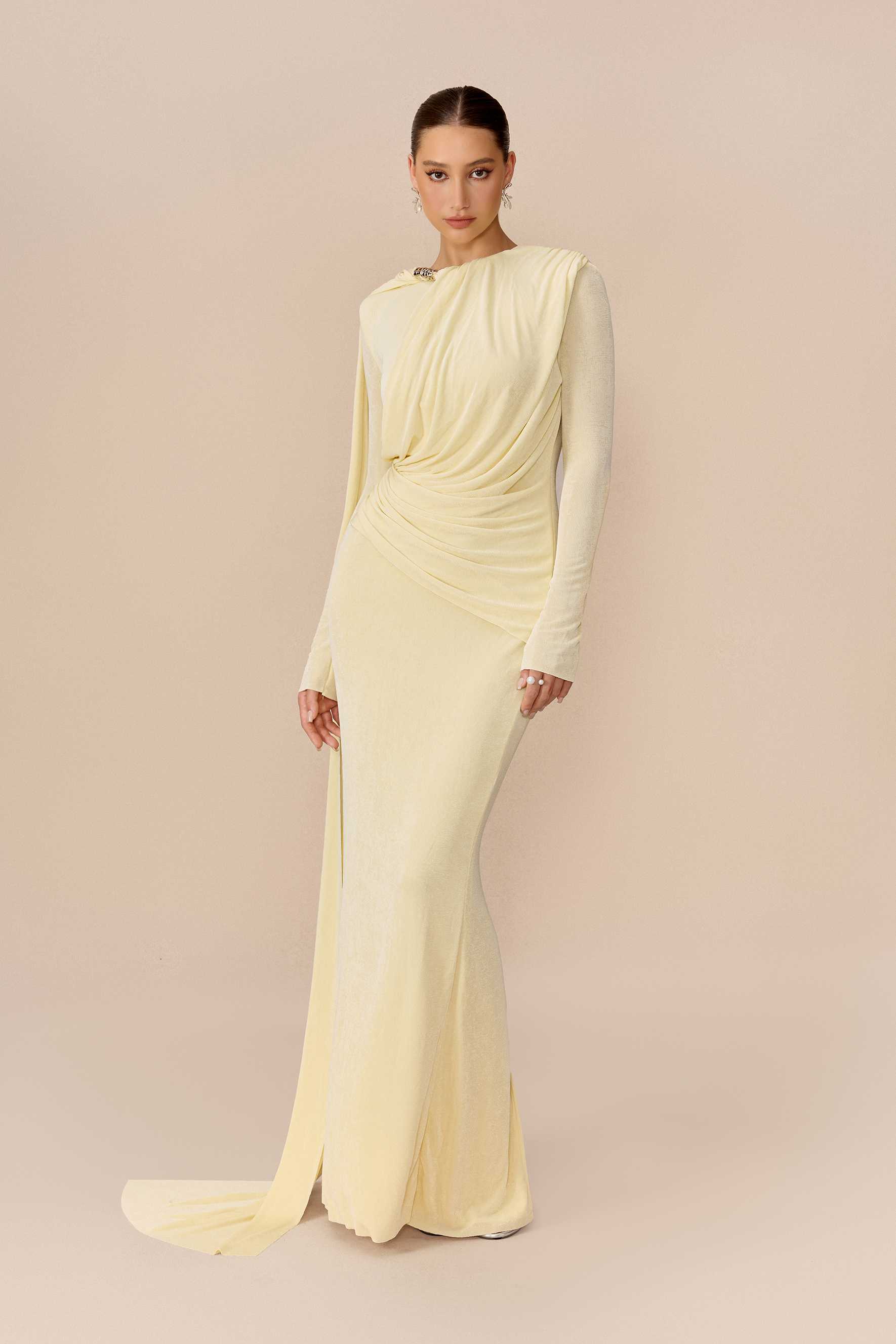 Forever Yours Light Yellow Draped Cape Asymmetric Maxi Dress