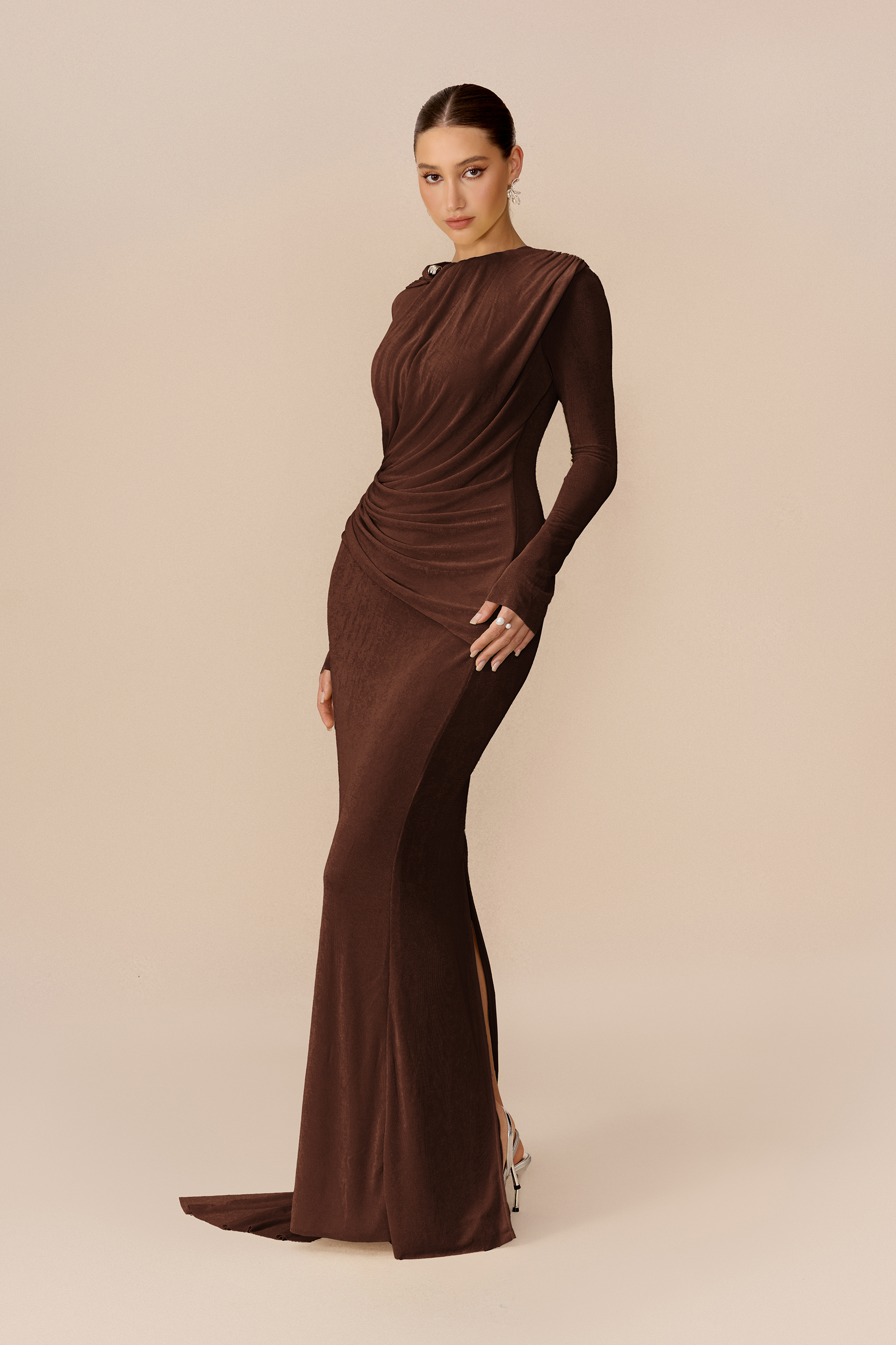 Forever Yours Dark Brown Draped Cape Asymmetric Maxi Dress