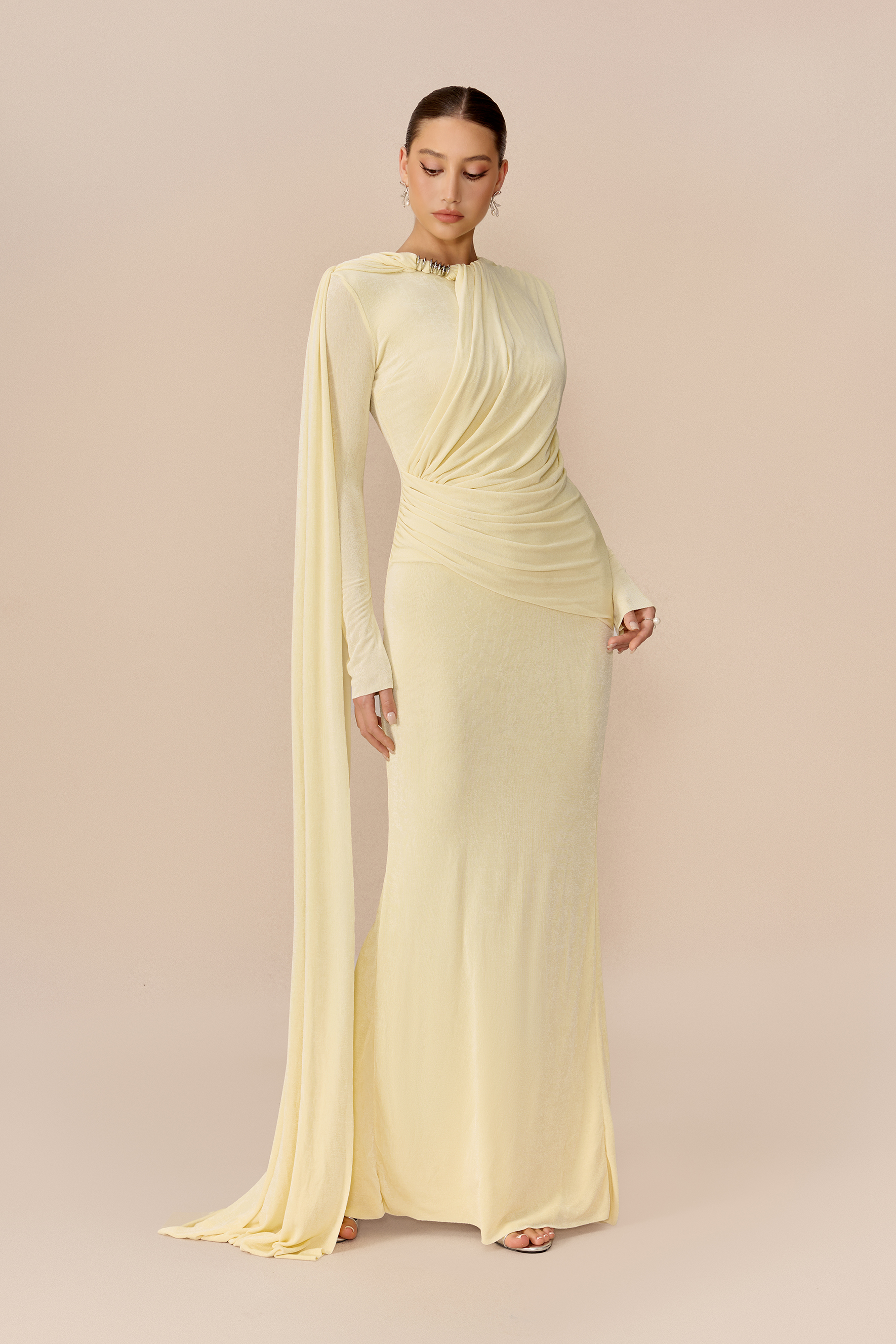 Forever Yours Light Yellow Draped Cape Asymmetric Maxi Dress