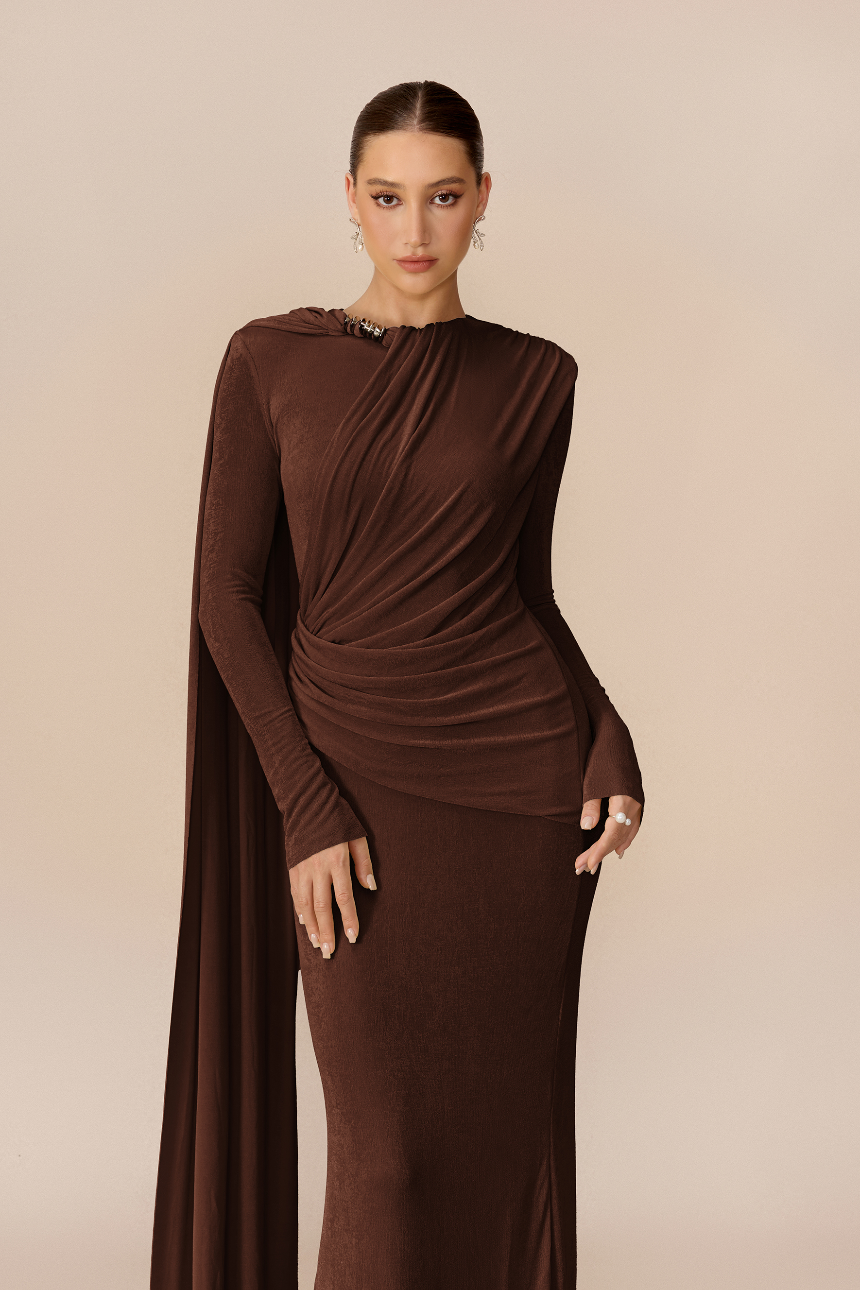 Forever Yours Dark Brown Draped Cape Asymmetric Maxi Dress