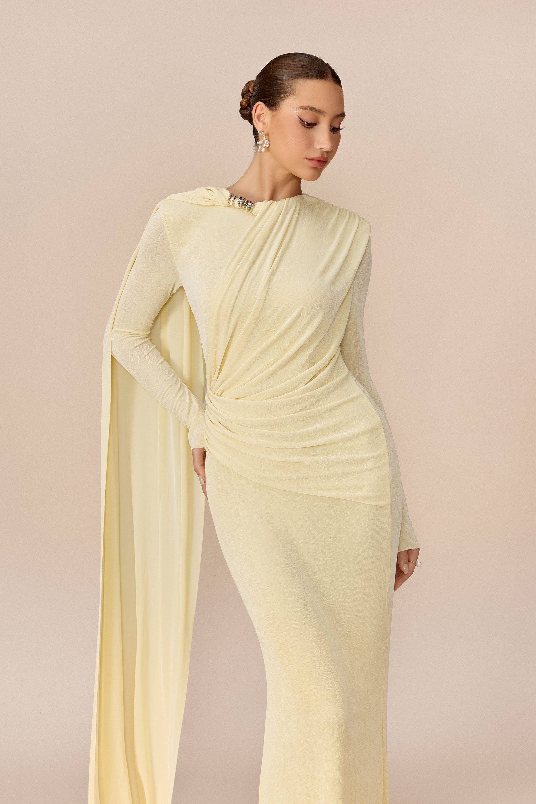 Forever Yours Light Yellow Draped Cape Asymmetric Maxi Dress
