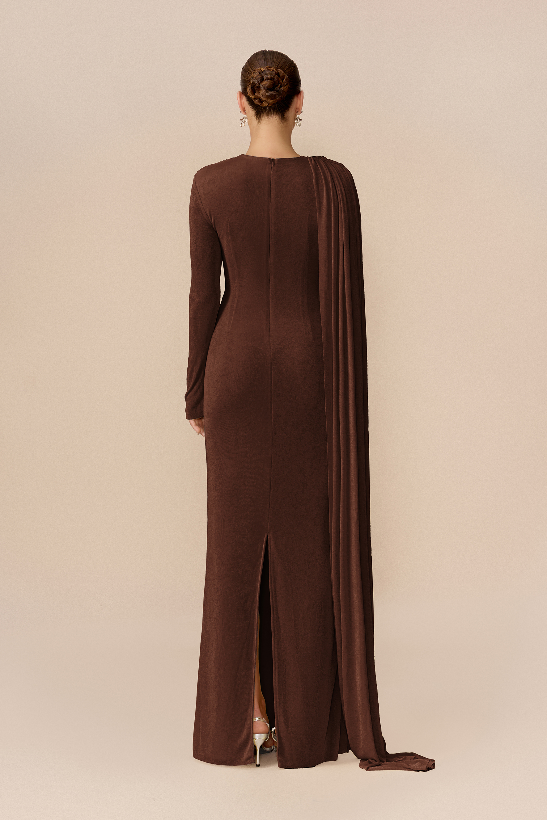 Forever Yours Dark Brown Draped Cape Asymmetric Maxi Dress