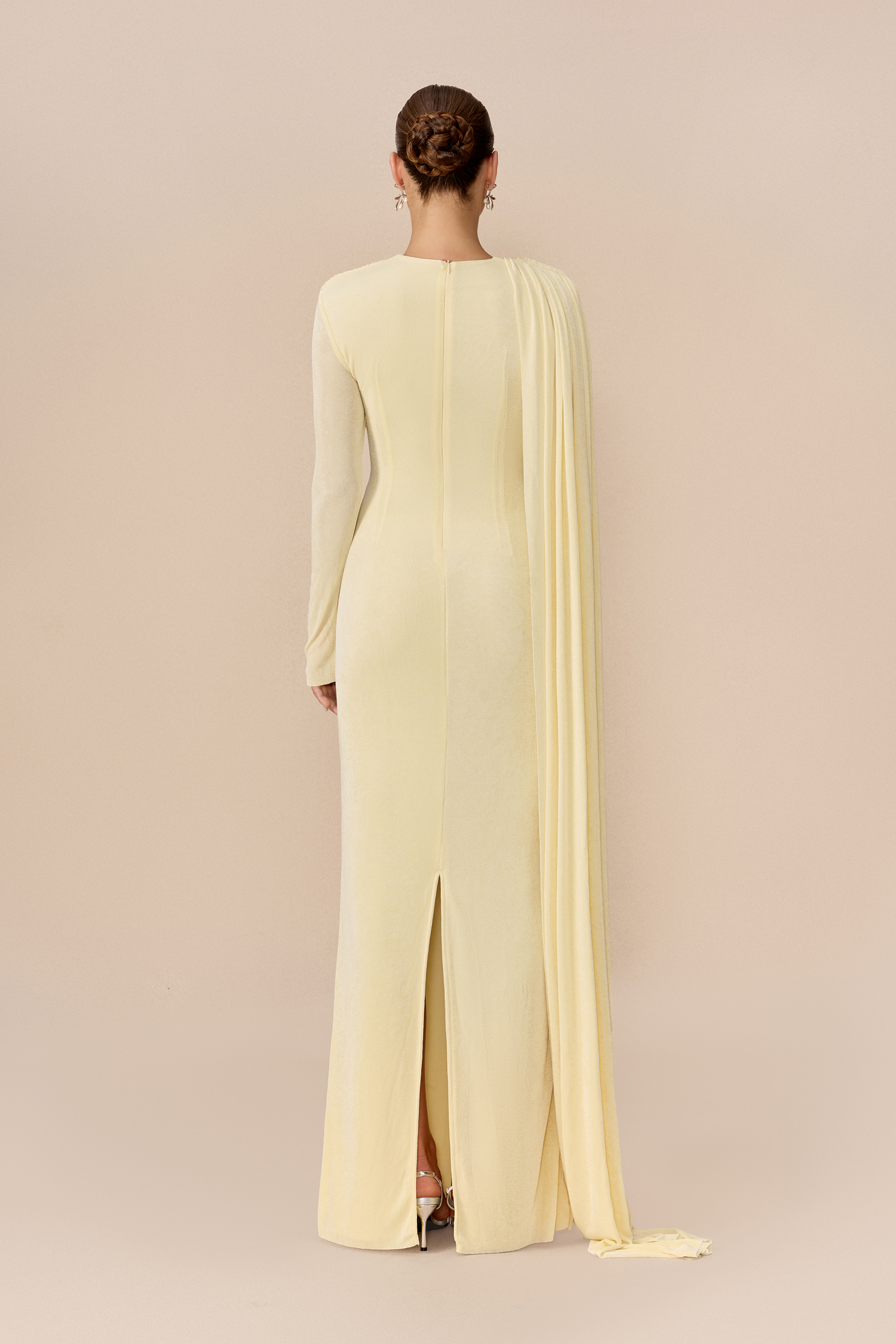 Forever Yours Light Yellow Draped Cape Asymmetric Maxi Dress