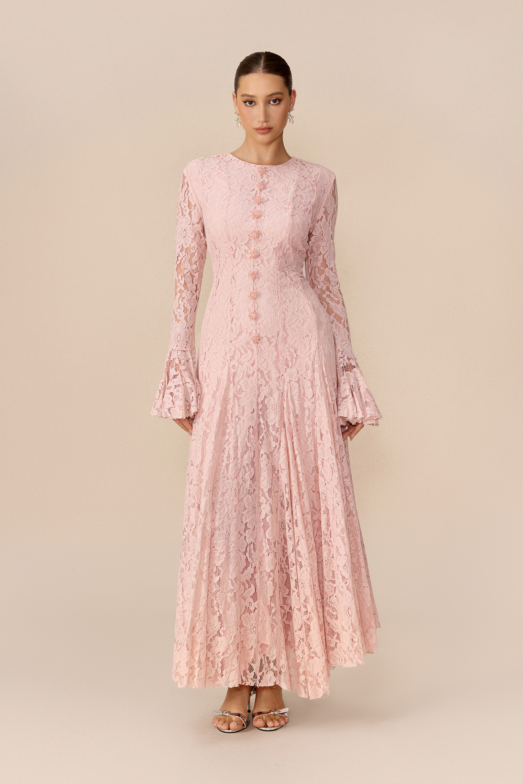 Sweet Memories Pink Floral Lace Flare Cuff Maxi Dress