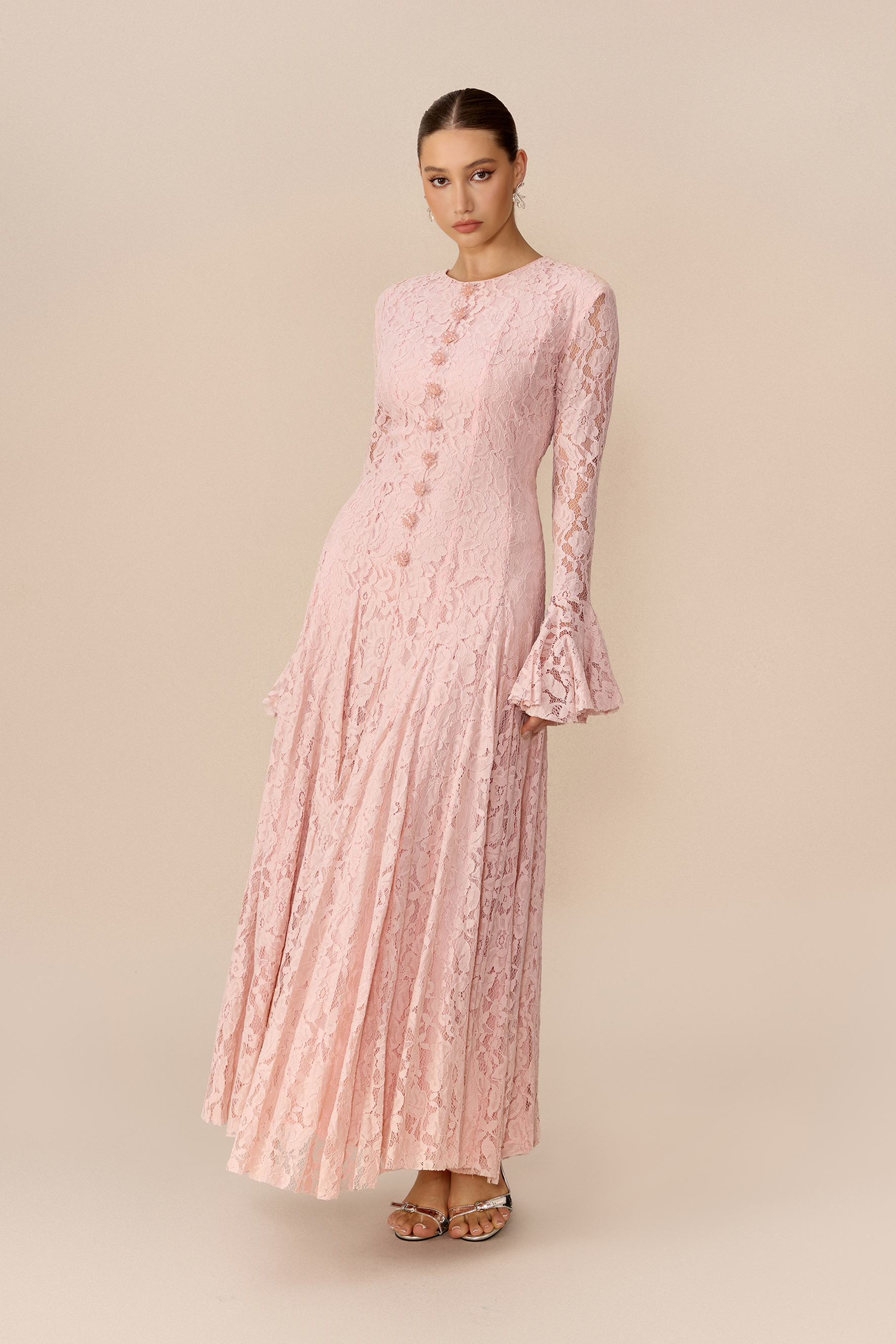 Sweet Memories Pink Floral Lace Flare Cuff Maxi Dress