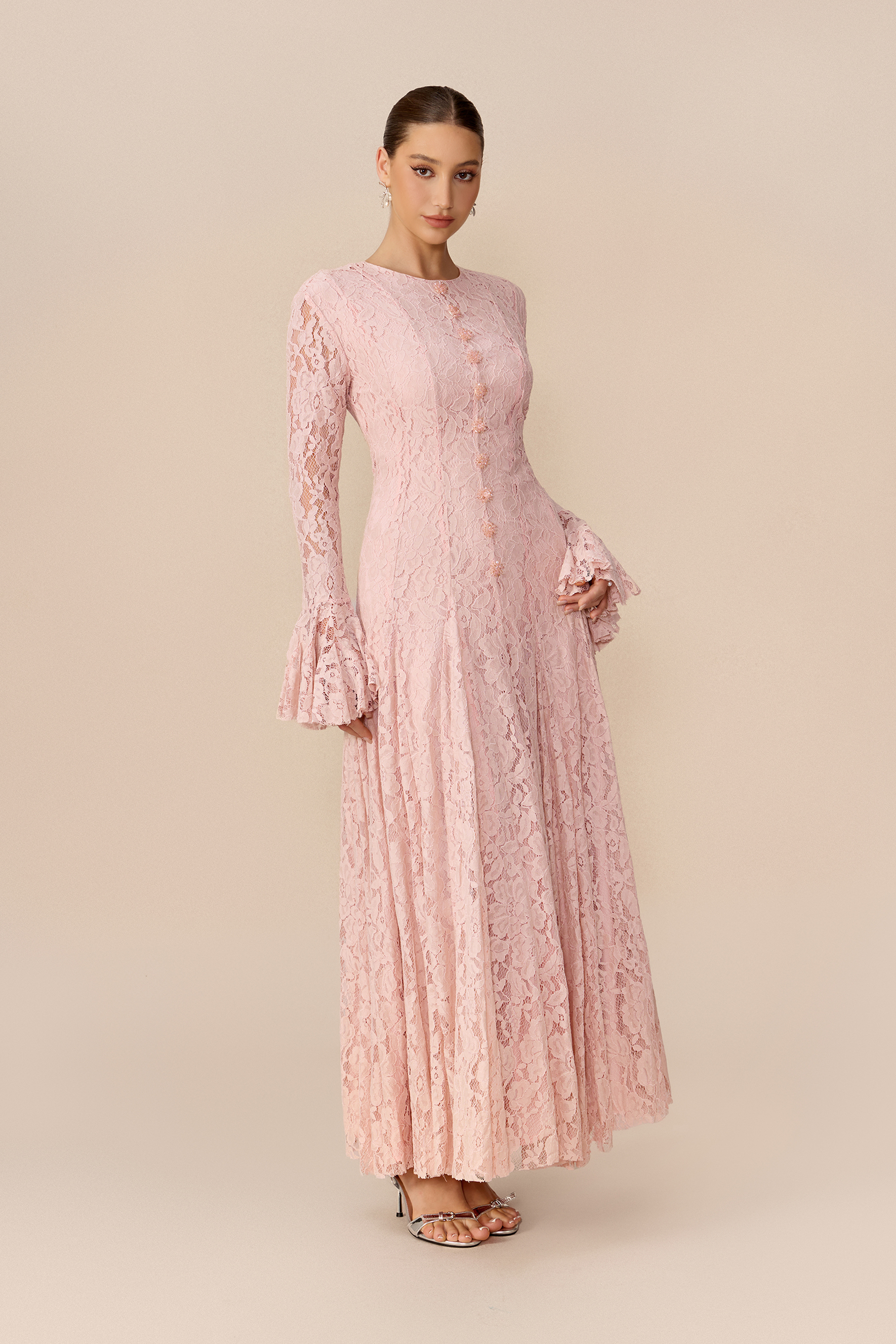 Sweet Memories Pink Floral Lace Flare Cuff Maxi Dress