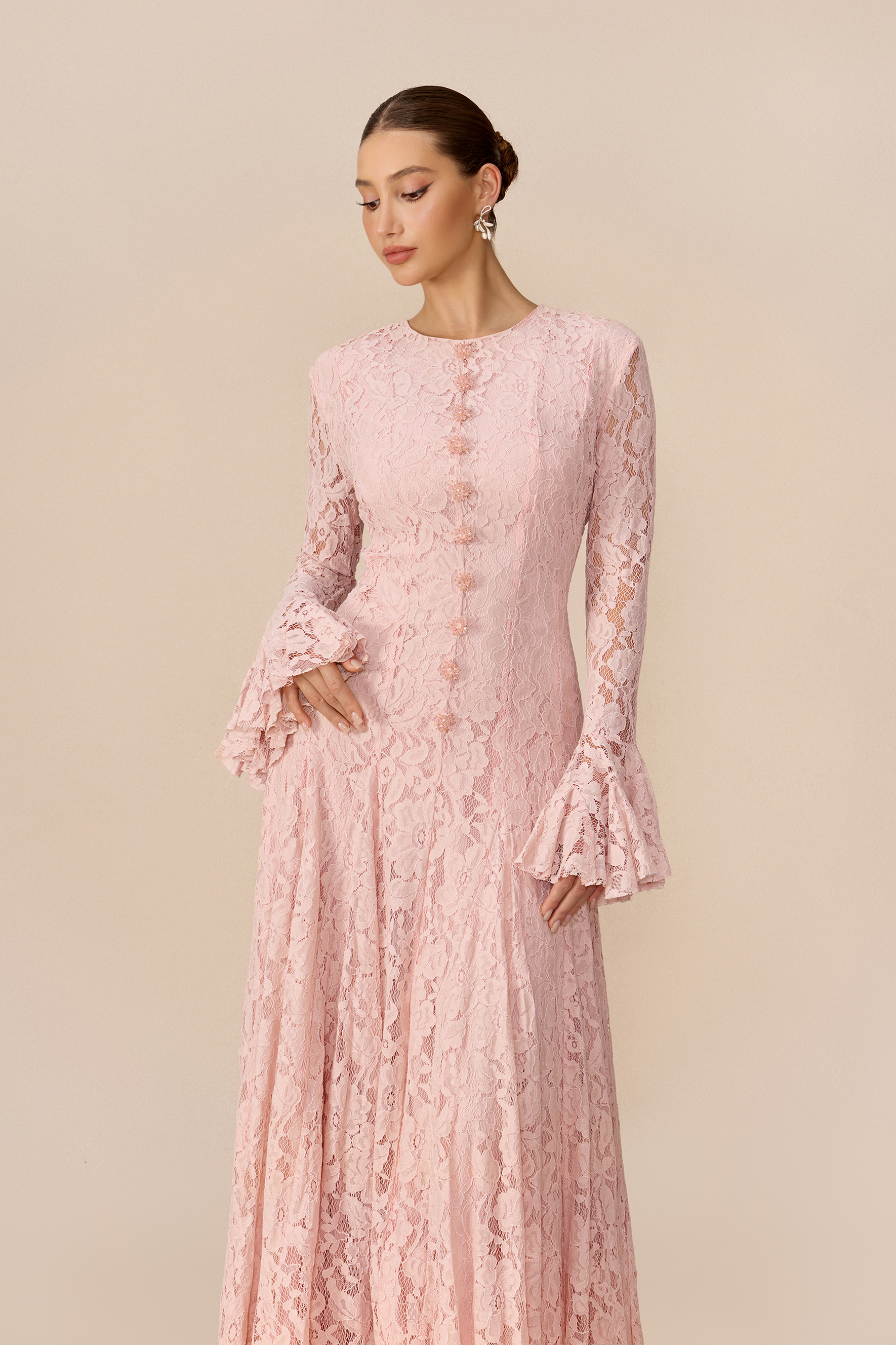Sweet Memories Pink Floral Lace Flare Cuff Maxi Dress
