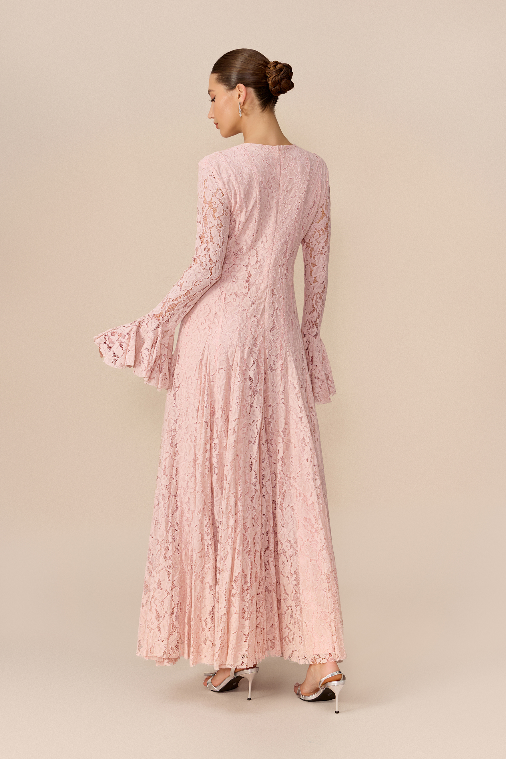 Sweet Memories Pink Floral Lace Flare Cuff Maxi Dress