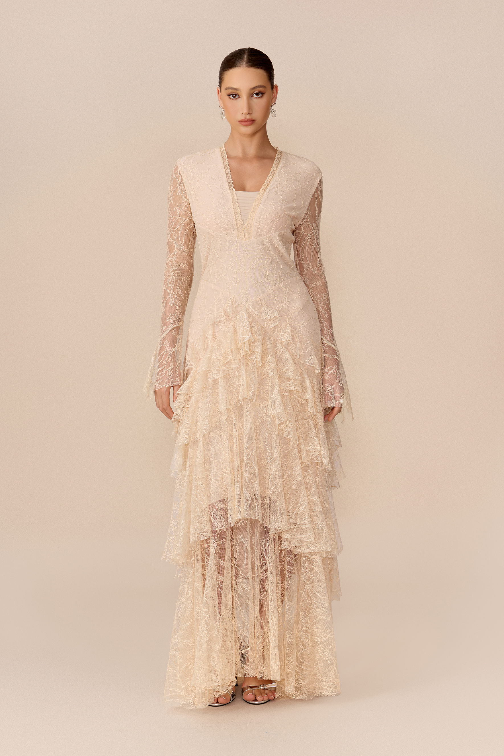 Feel The Moment Beige Sheer Lace Tiered Ruffle Maxi Dress