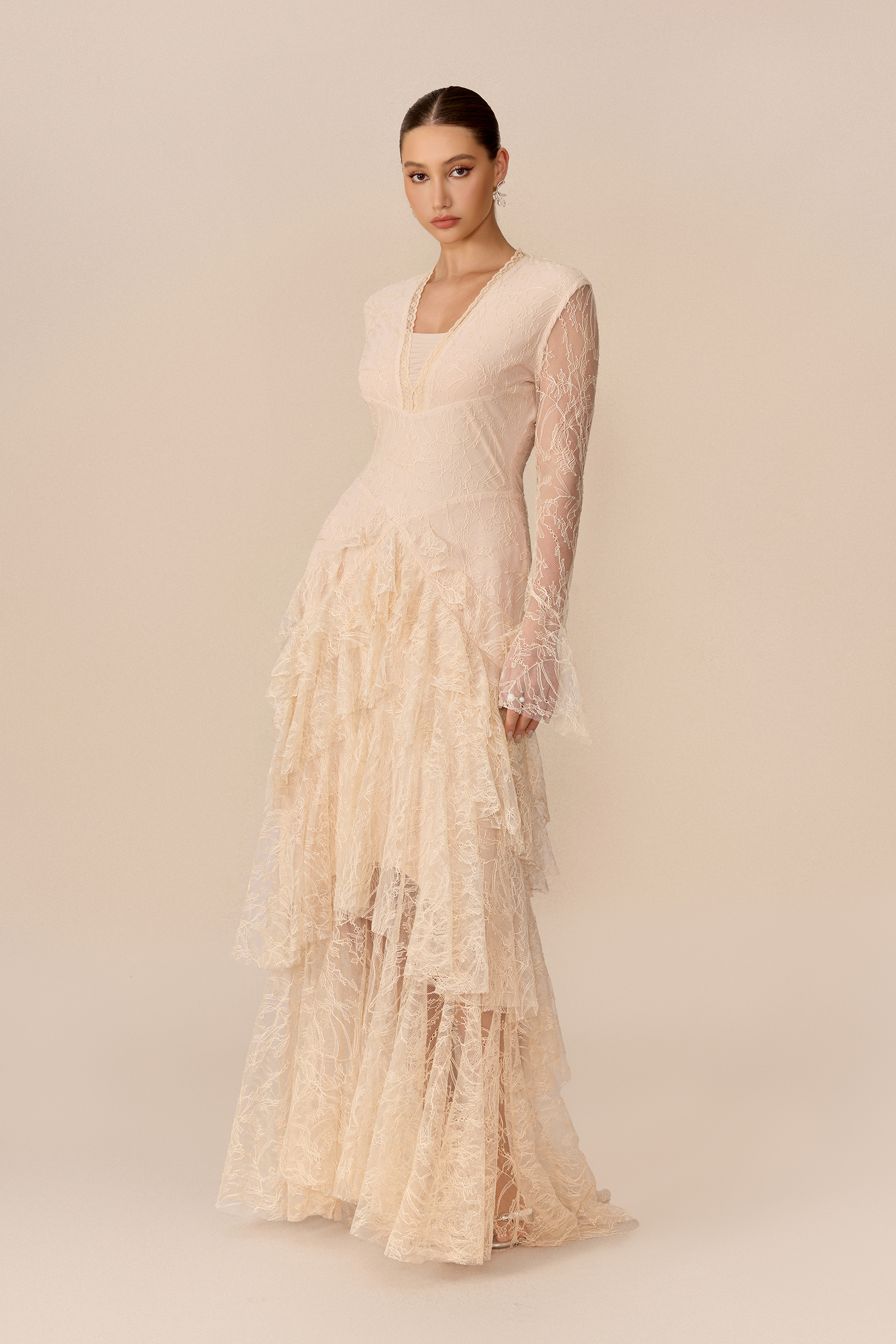 Feel The Moment Beige Sheer Lace Tiered Ruffle Maxi Dress