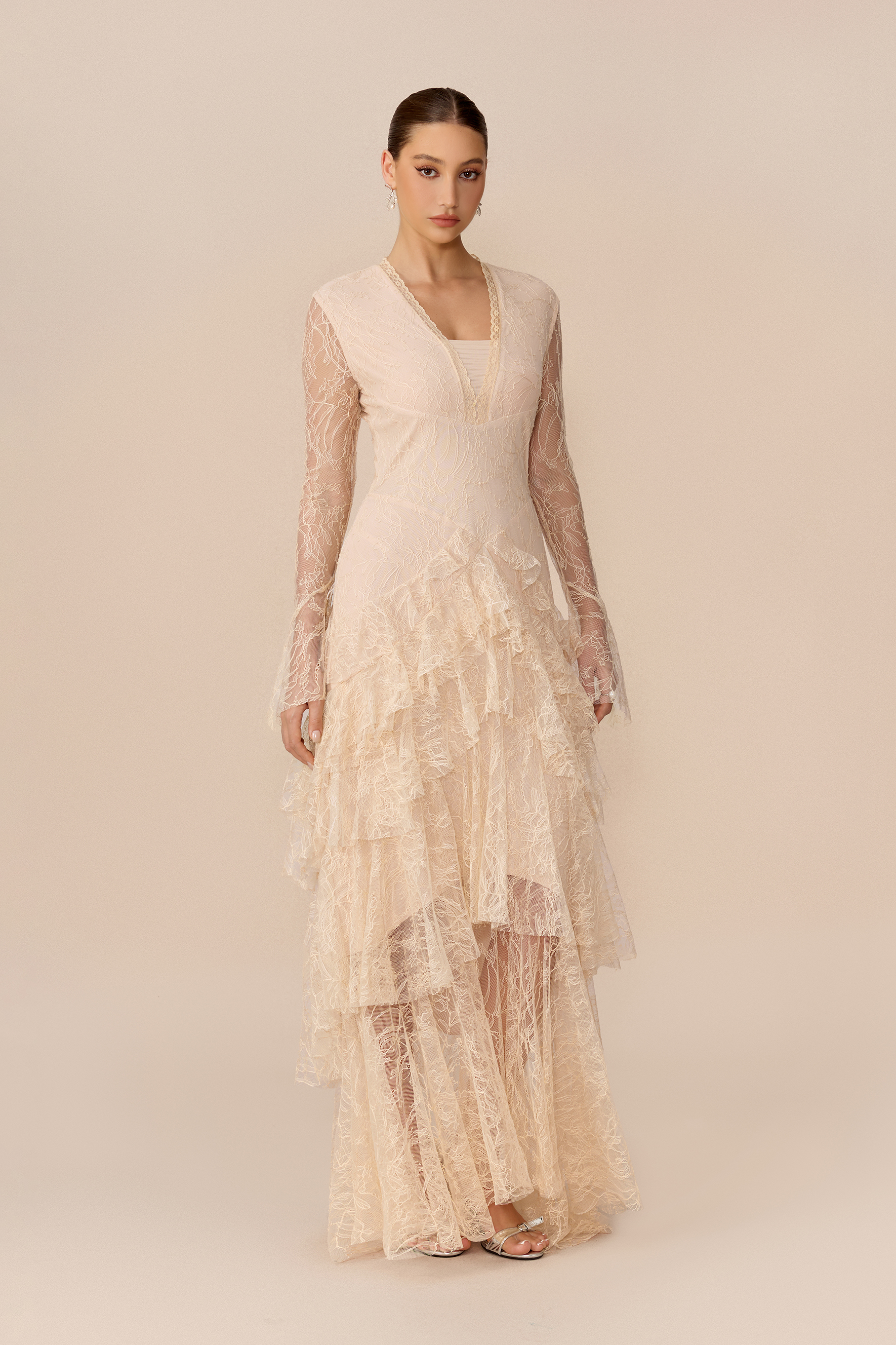 Feel The Moment Beige Sheer Lace Tiered Ruffle Maxi Dress