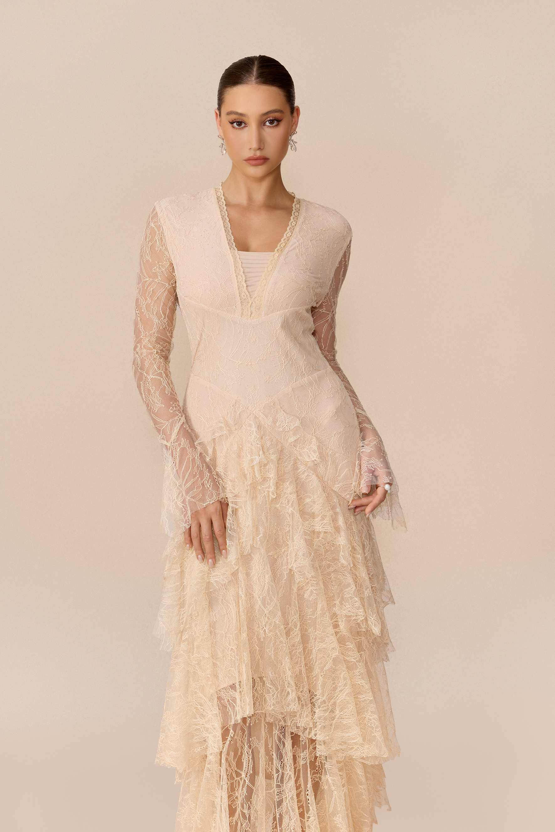 Feel The Moment Beige Sheer Lace Tiered Ruffle Maxi Dress
