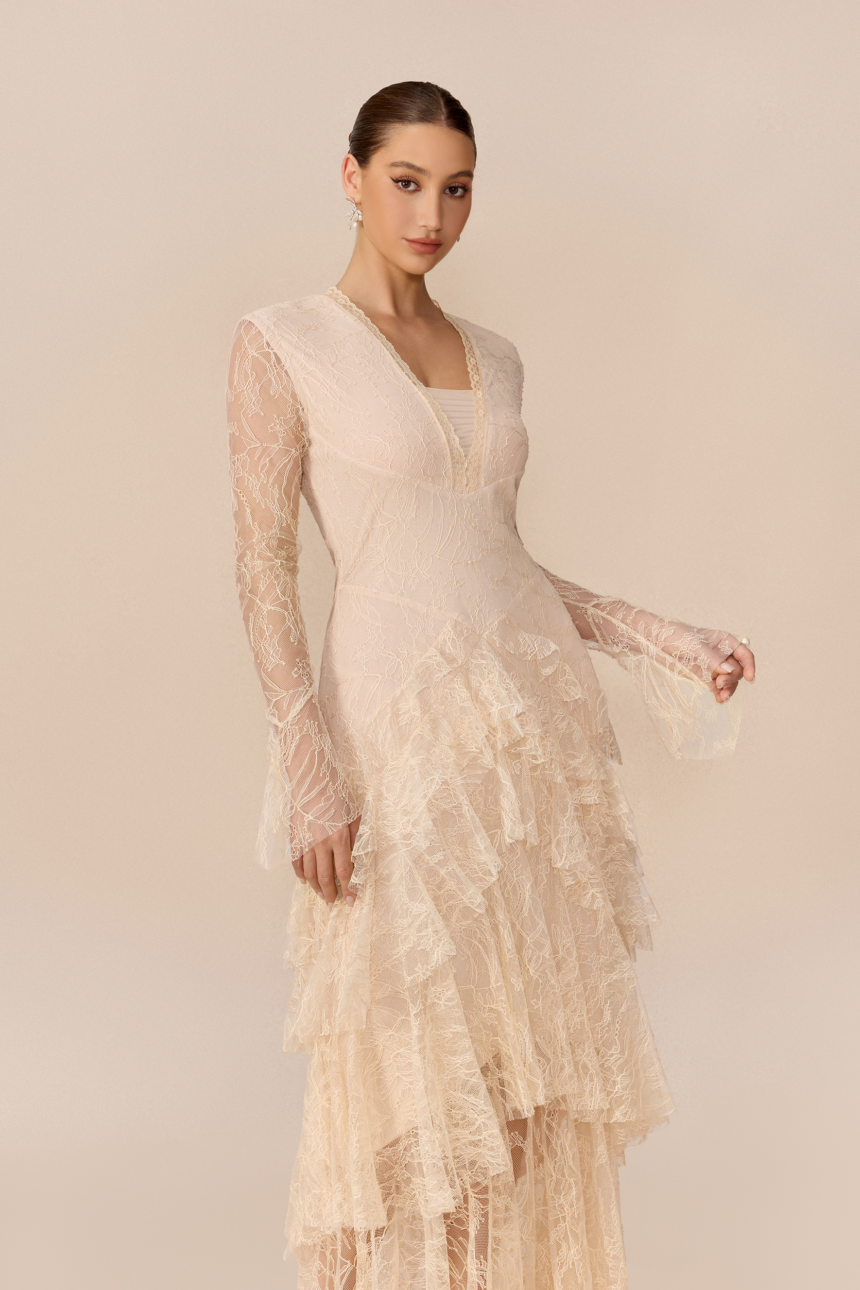 Feel The Moment Beige Sheer Lace Tiered Ruffle Maxi Dress